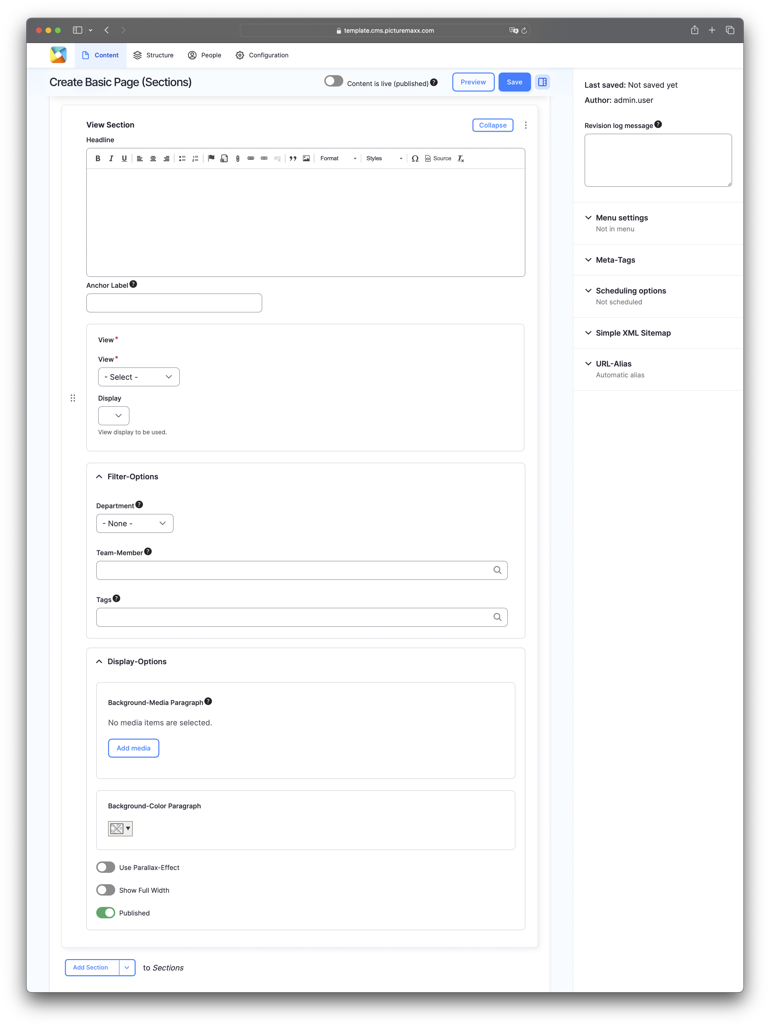 View Section Setup Page