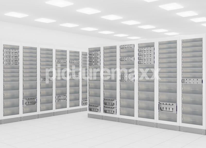computer network server room 3d render representing internet and  hosting company  and data center concept