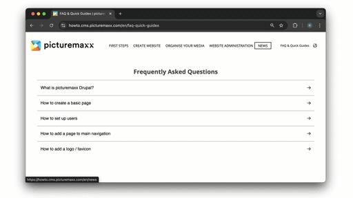Screencast of the picturemaxx CMS demo page, showing that it is now possible to navigate only by the use of the keyboard.