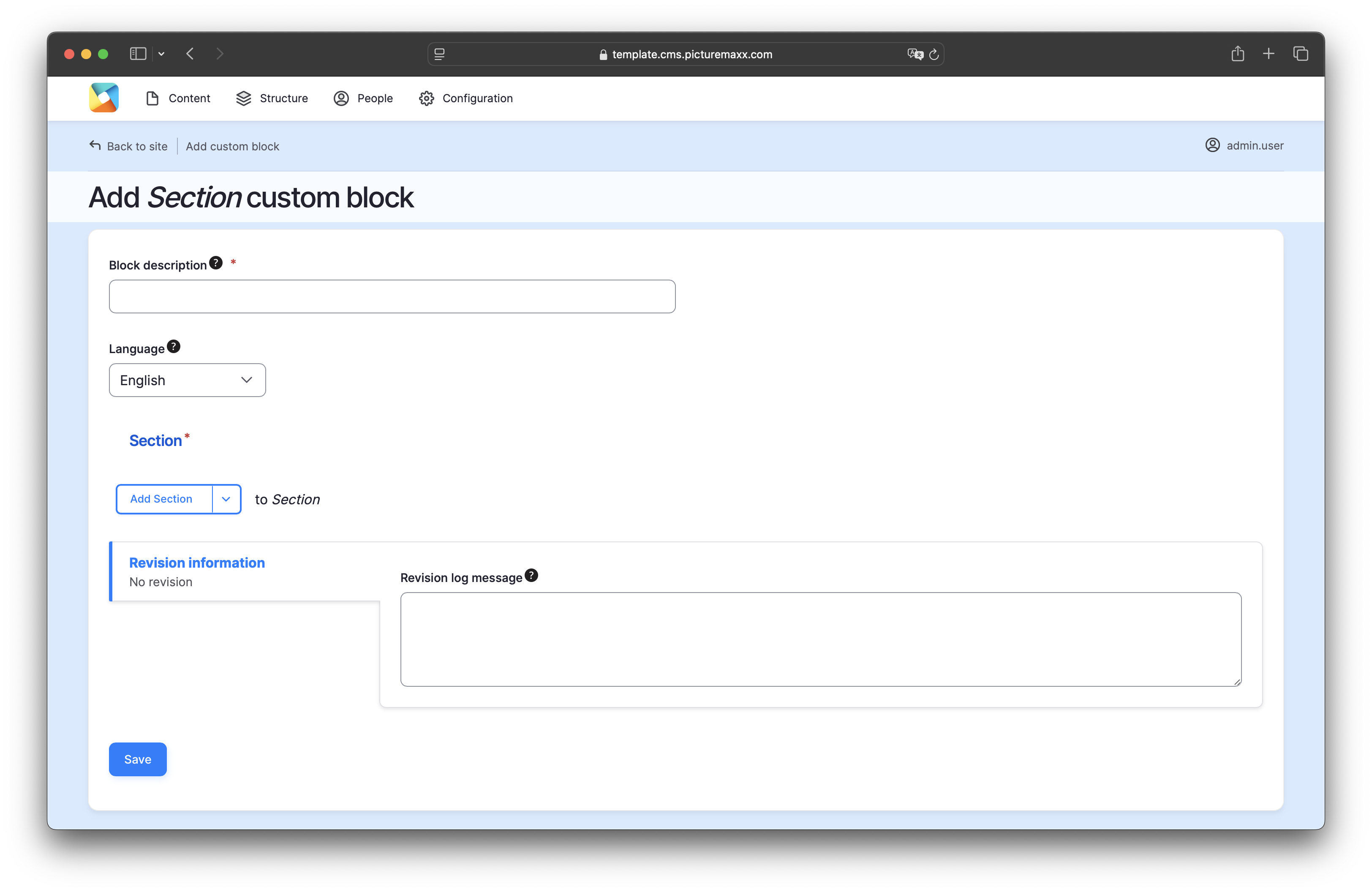 Screenshot of the setup page of the custom block section
