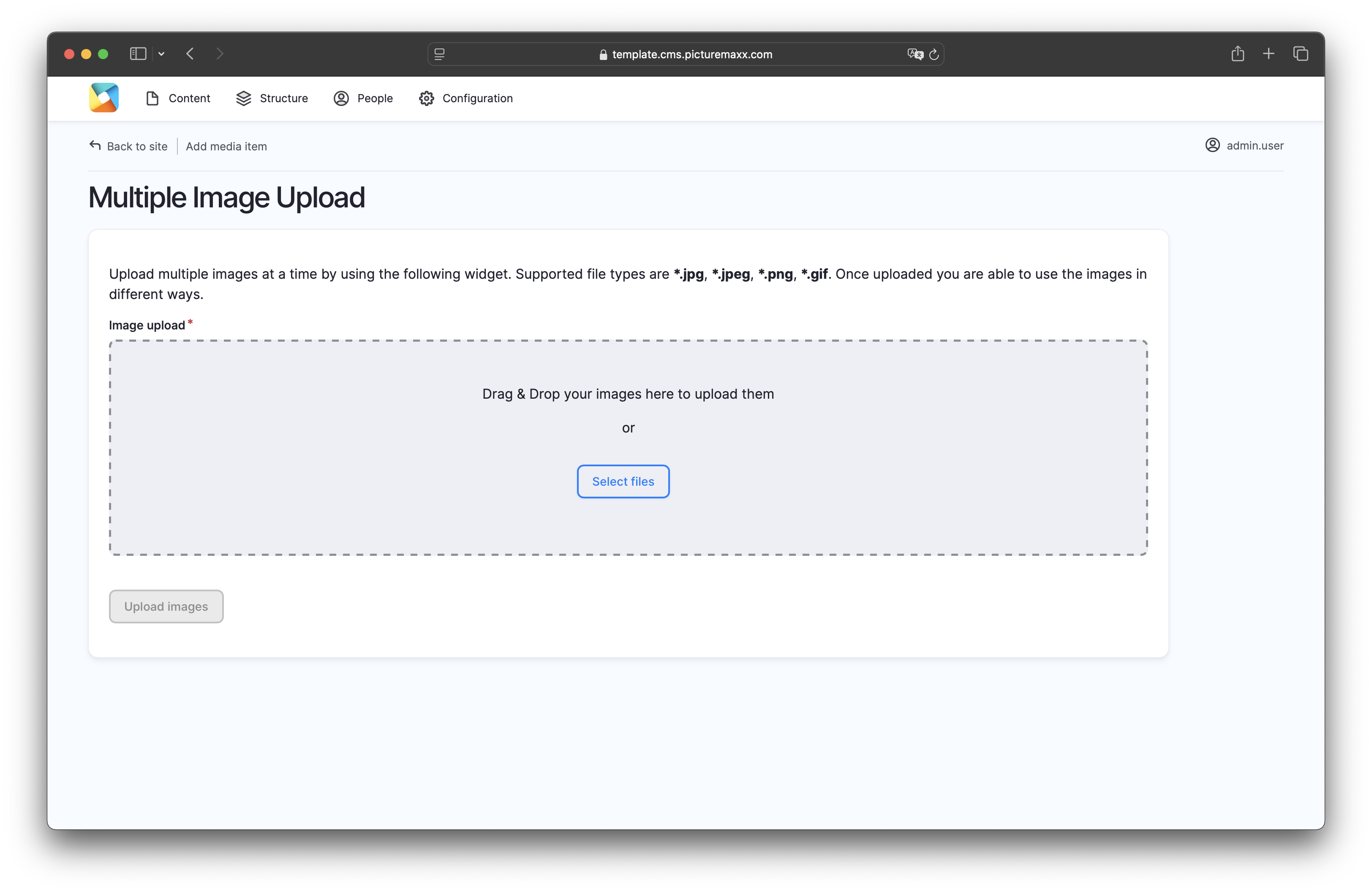 Screenshot of the 'Multiple image upload' page. 
