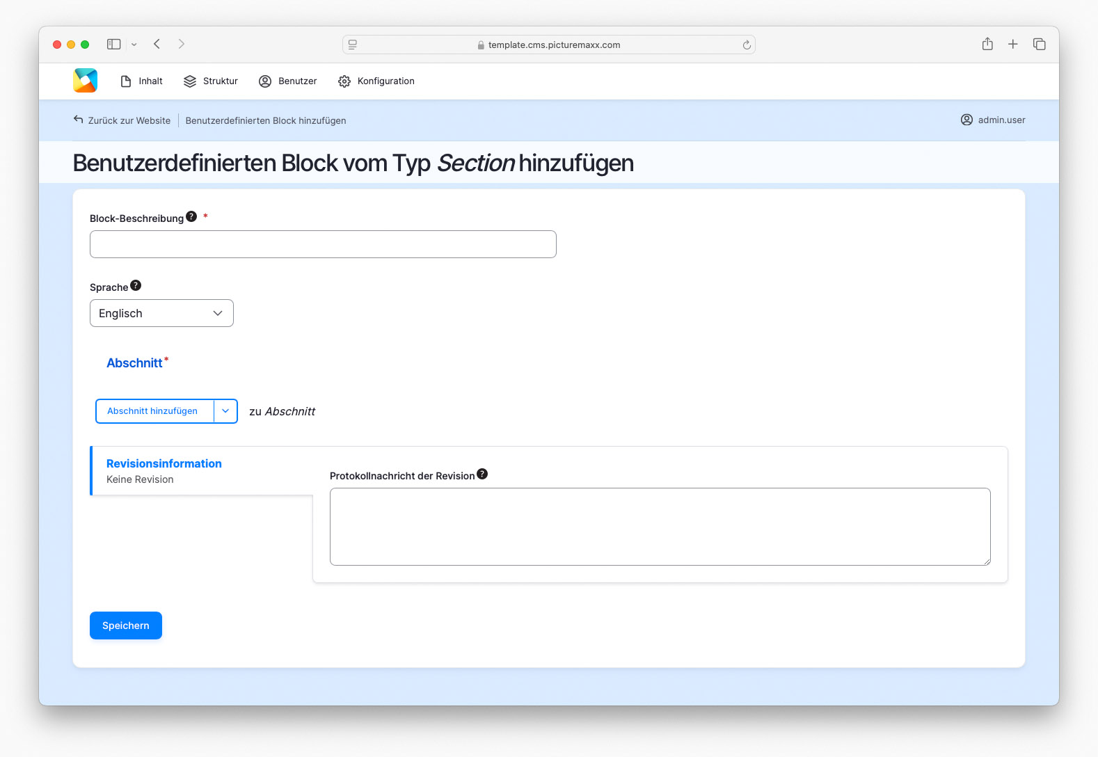 Bildschirmfoto der Einrichtungsseite des benutzerdefinierten Blocks Abschnitt
