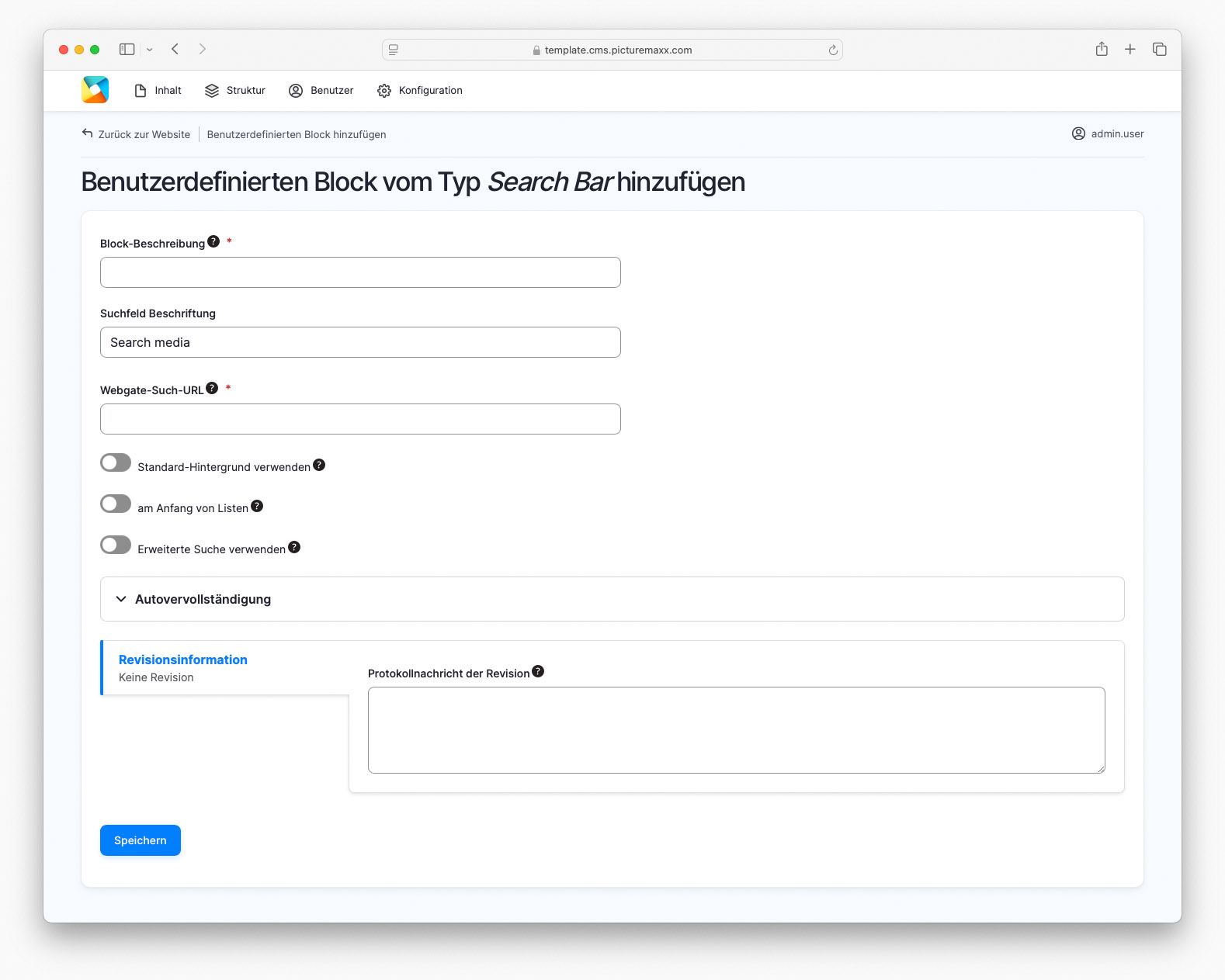 Bildschirmfoto der Einrichtungsseite des benutzerdefinierten Blocks Suchleiste