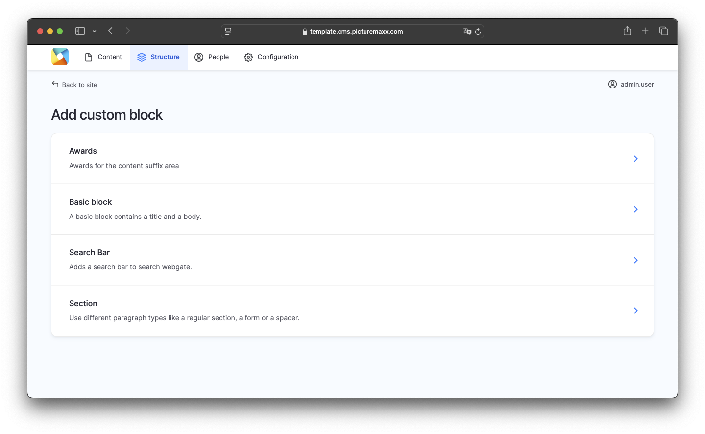 Screenshot of the custom block library