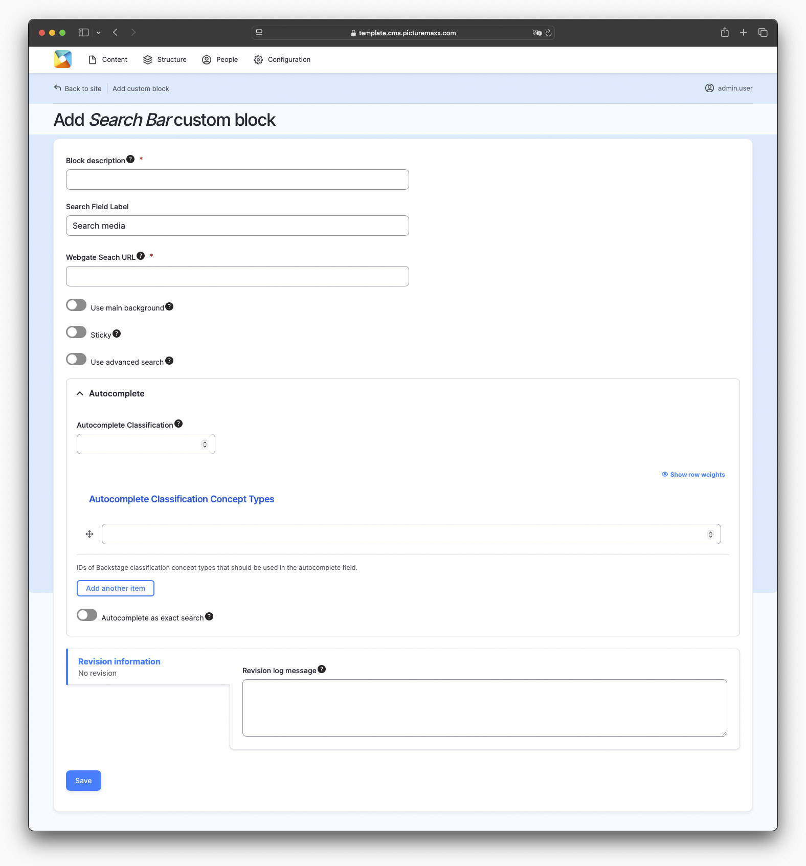 Screenshot of the setup page of the search bar custom block