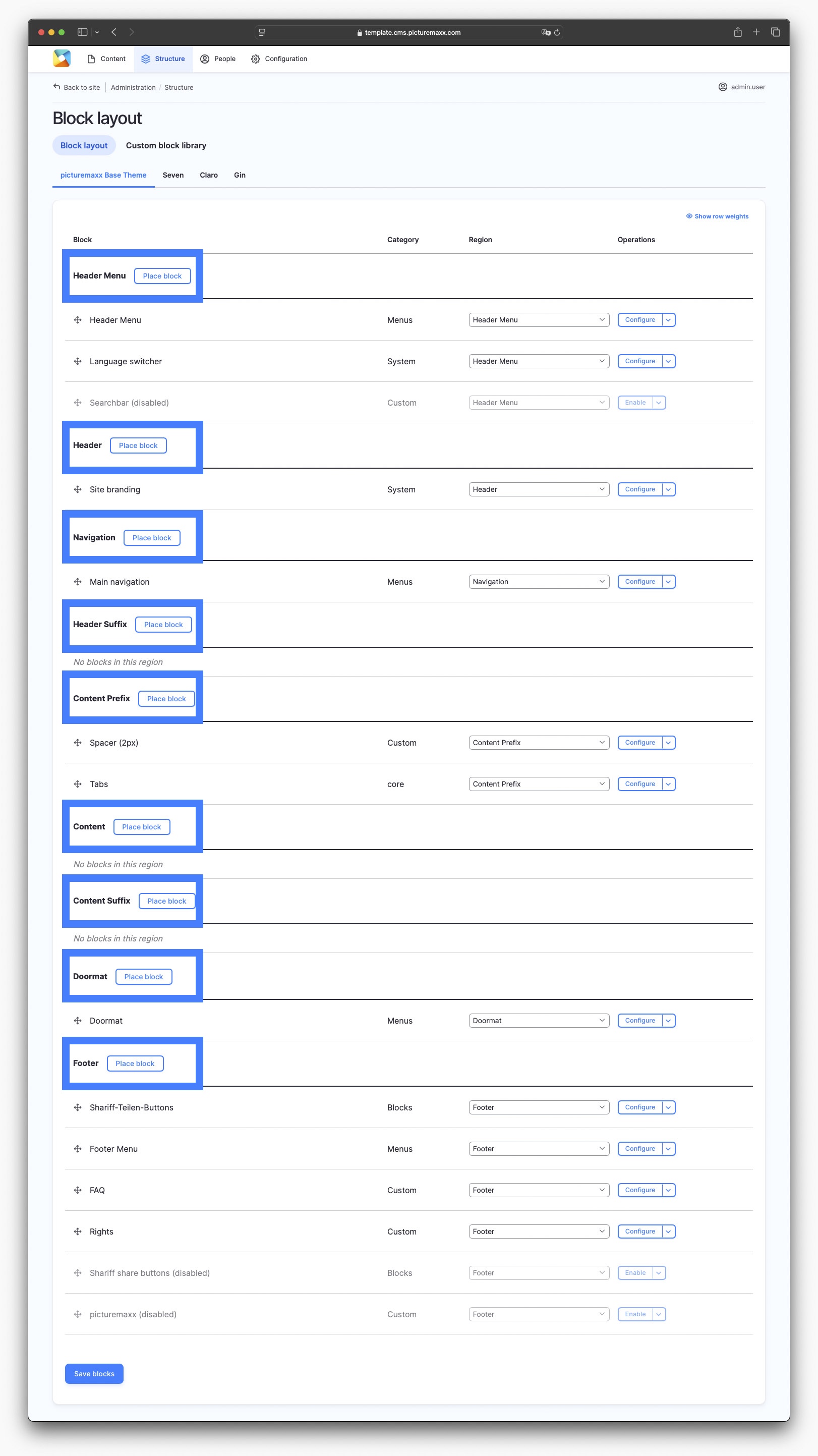 Screenshot of the Block layout setup page of the picturemaxx Drupal demo page