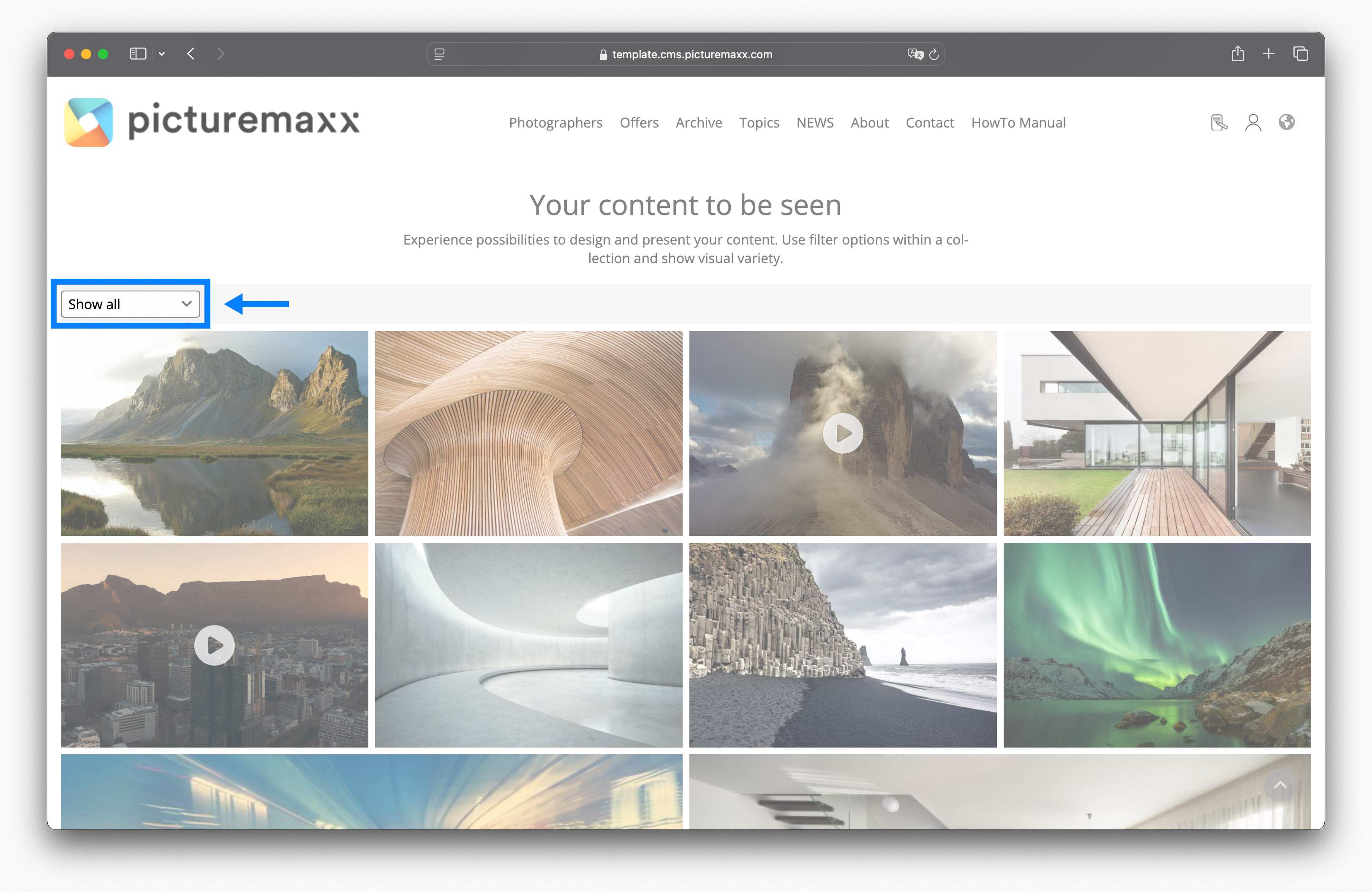 Screenshot of a collection with filters on the demo page of picturemaxx Drupal. 