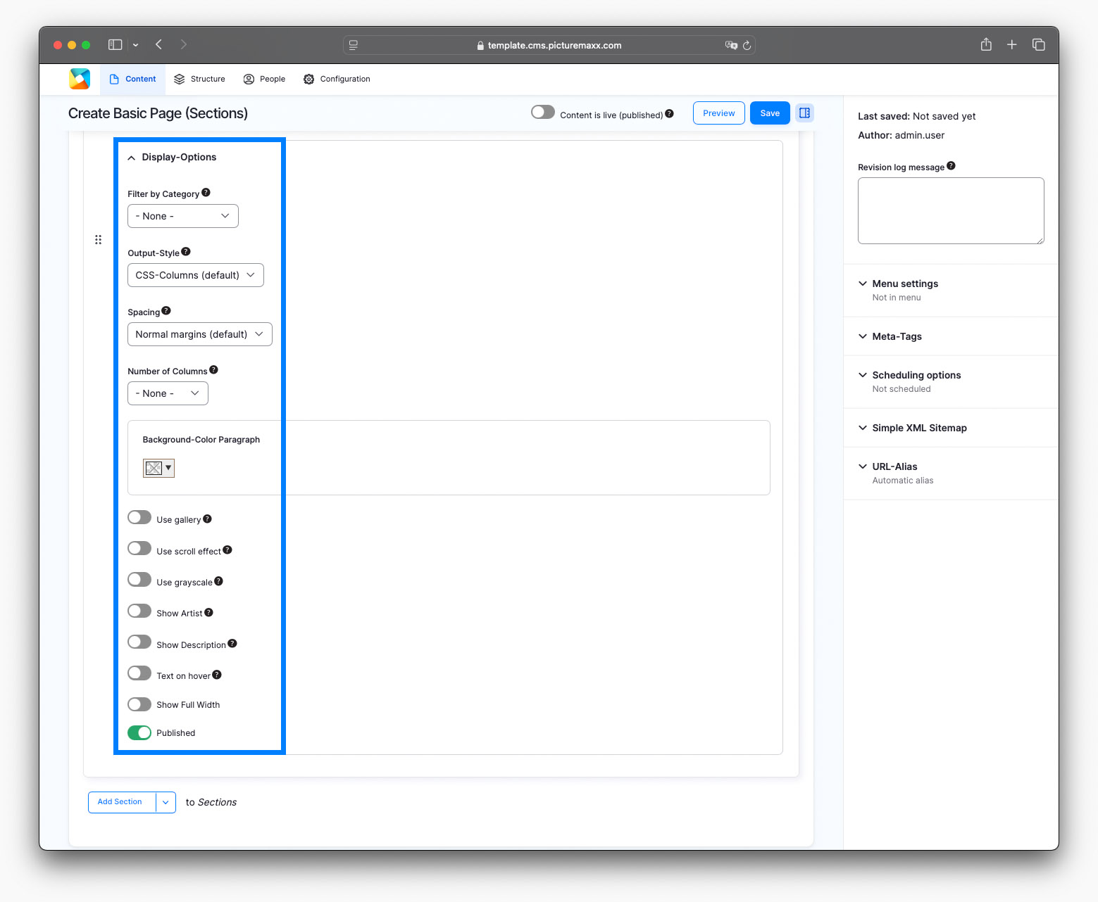 Screenshot of the setup page of a collection, highlighting the Display Options area. 