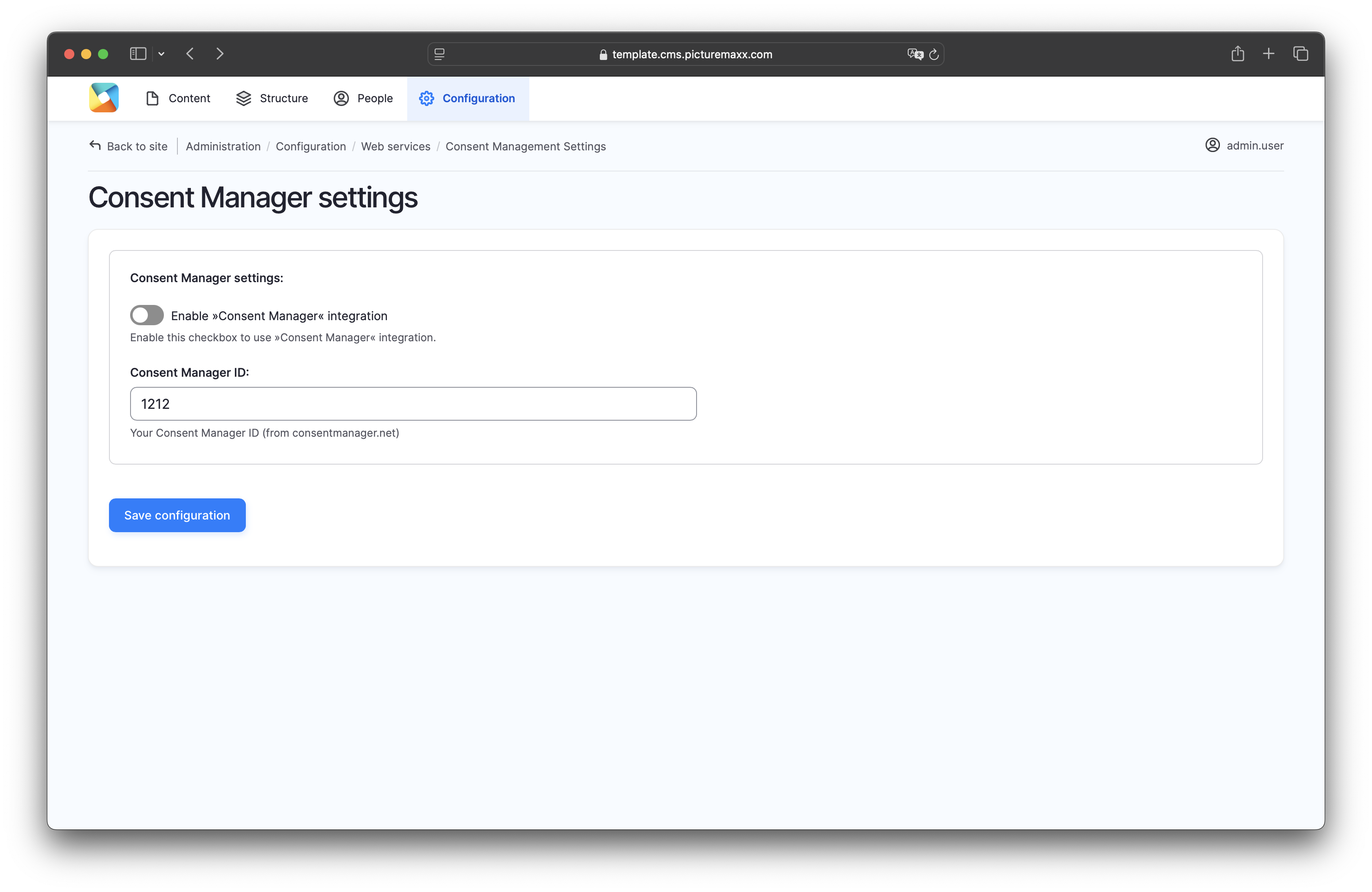 Screenshot of the setup page of Consent Manager Settings