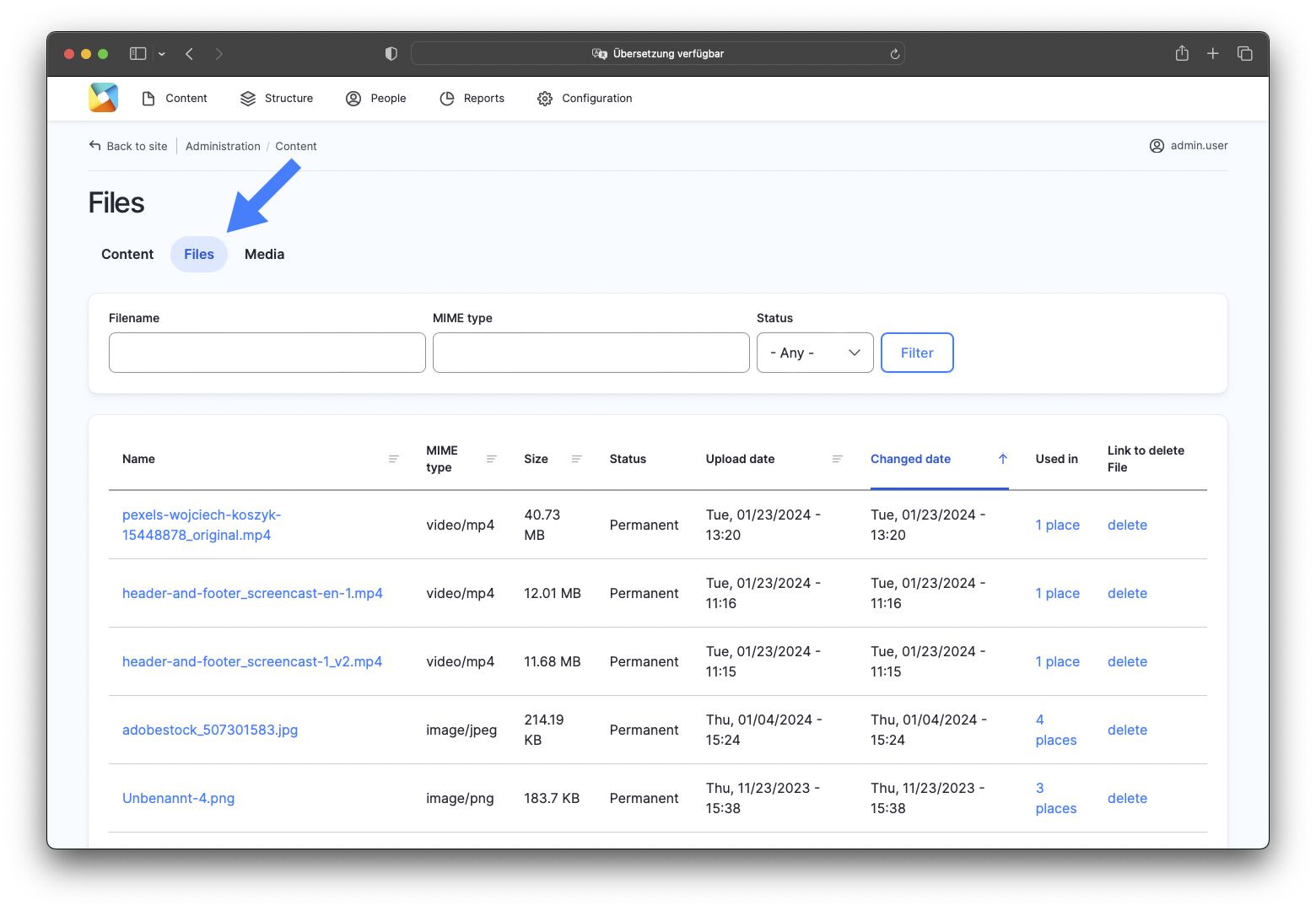 Files settings page