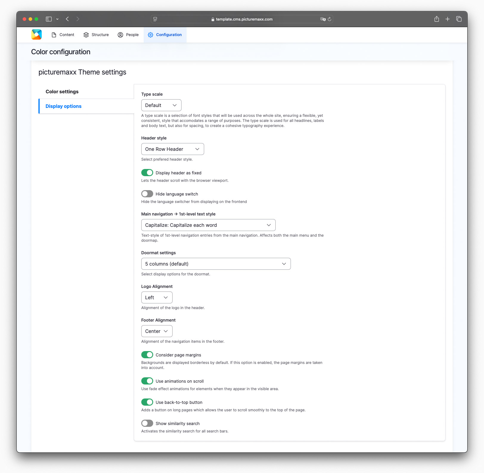 Screenshot of the Display Options for Drupal Websites.
