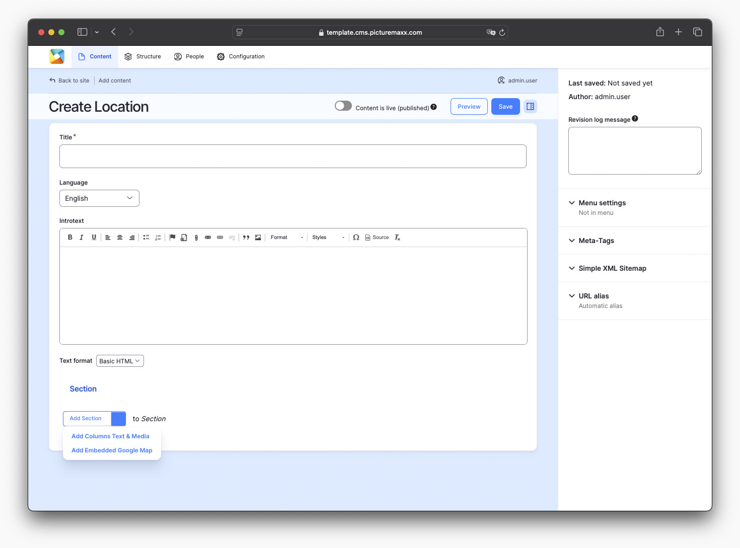 Screenshot of the setup page 'Location'. 