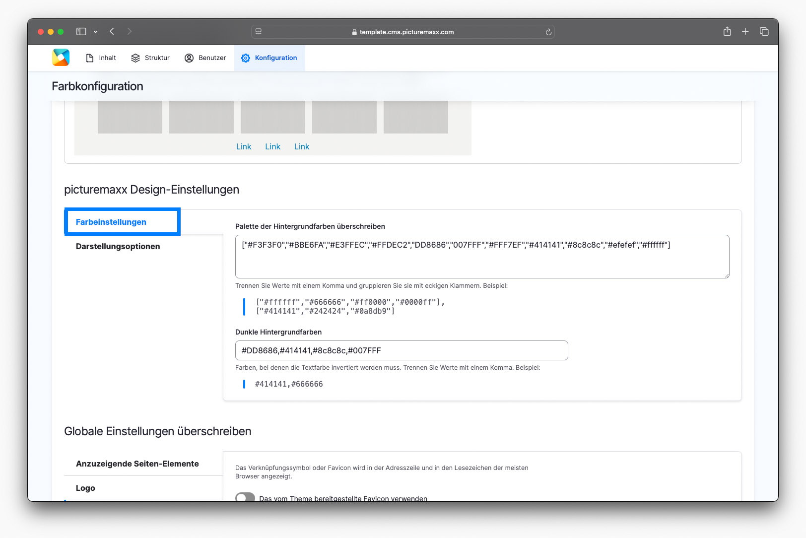 Screenshot des Bereichs Farbeinstellungen, im Bereich Farbkonfiguration