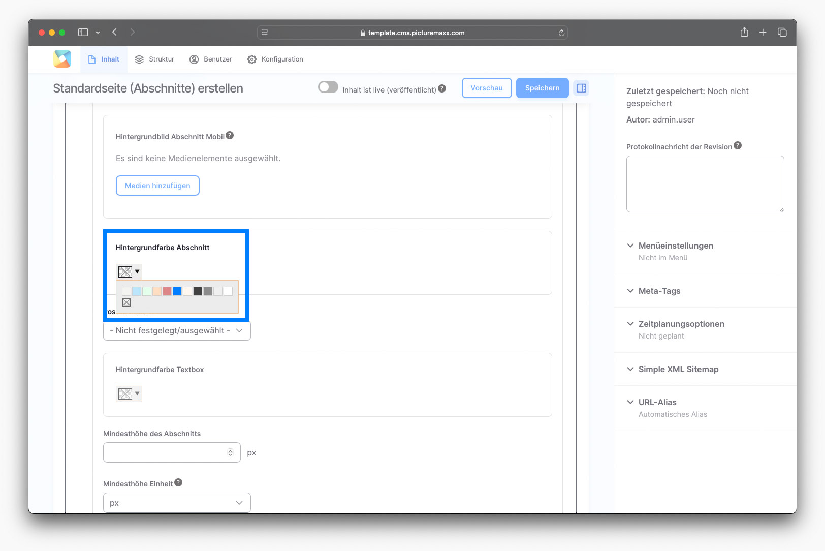Screenshot der Display Options eines neuen Abschnitts mit besonderer Hervorhebung der zuvor definierten Hintergrundfarben. 