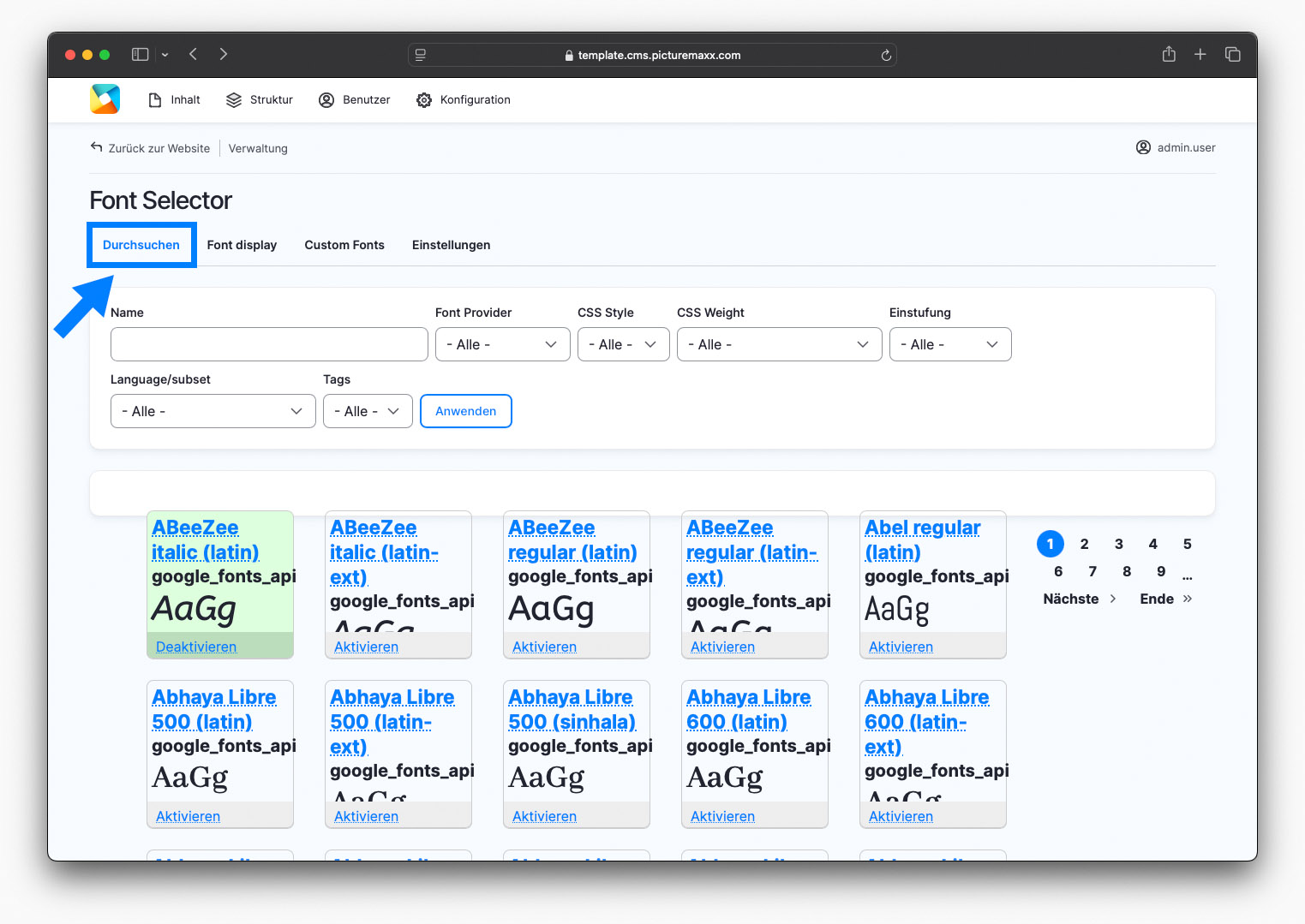 Screenshot des Bereichs Font Selector mit besonderer Hervorhebung des Bereichs 'Durchsuchen'