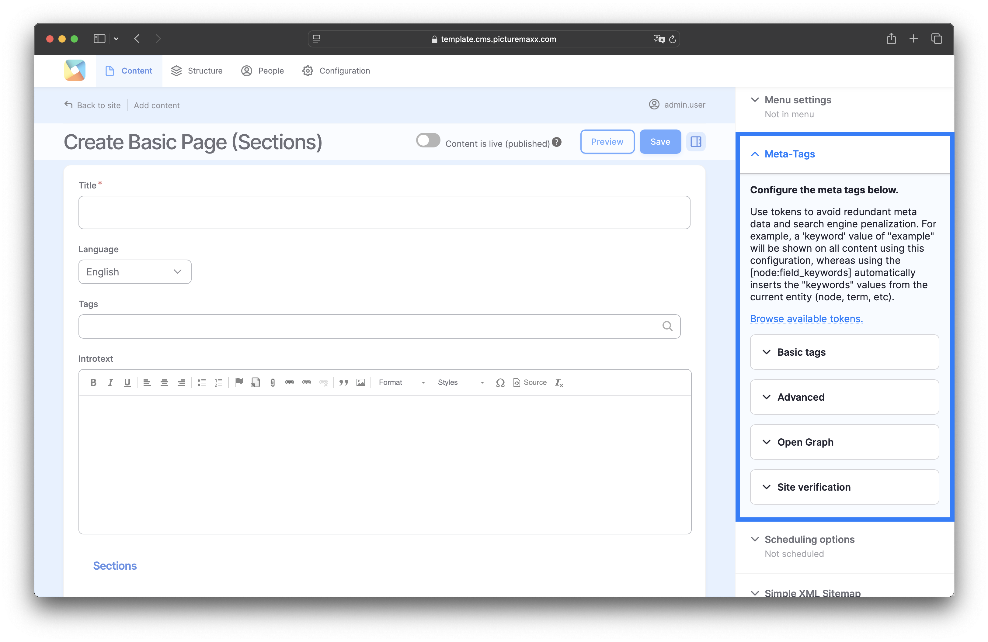 Screenshot of the setup page of a section, highlighting the meta tags