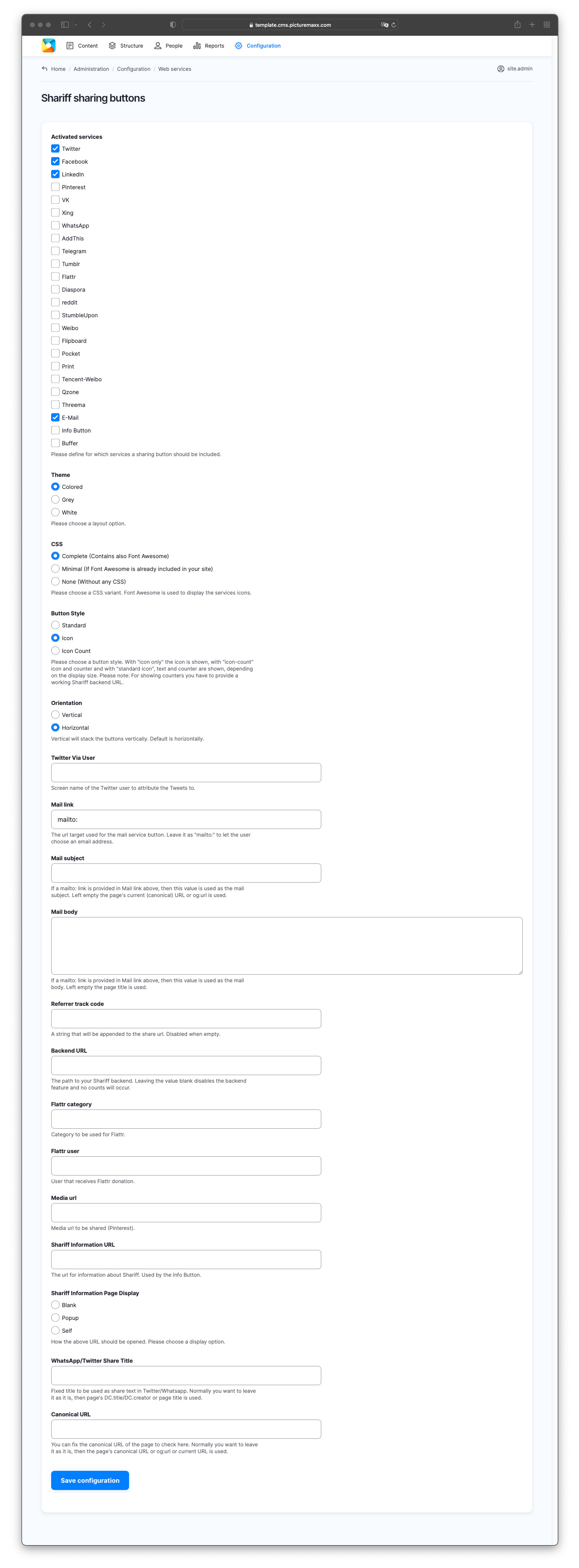 Screenshot of the setup page of Shariff Sharing Buttons. 