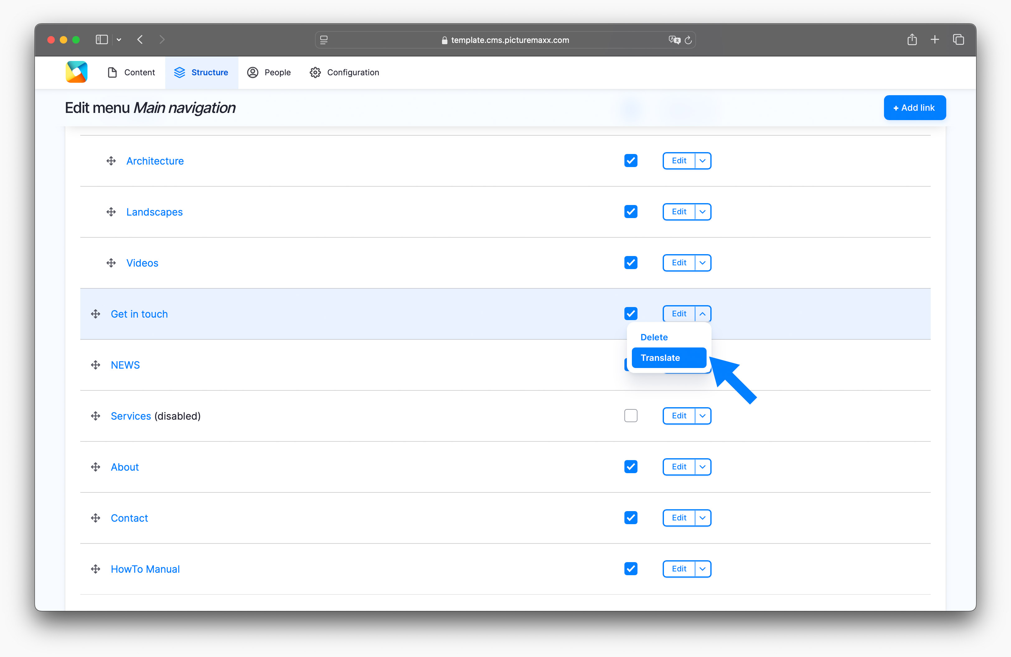 Screenshot of the setup page of translating menu links