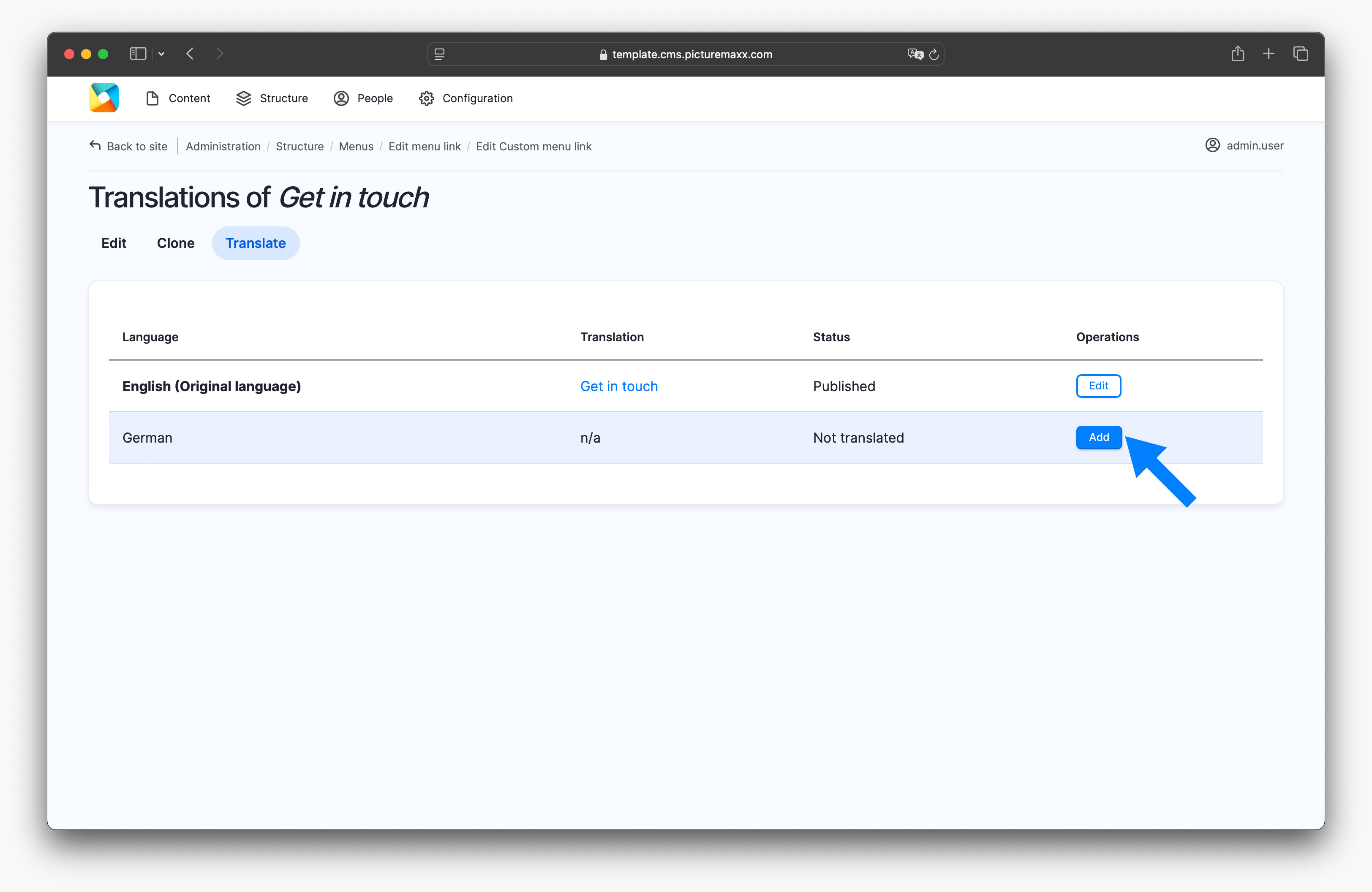 Screenshot of the setup page of translating menu links