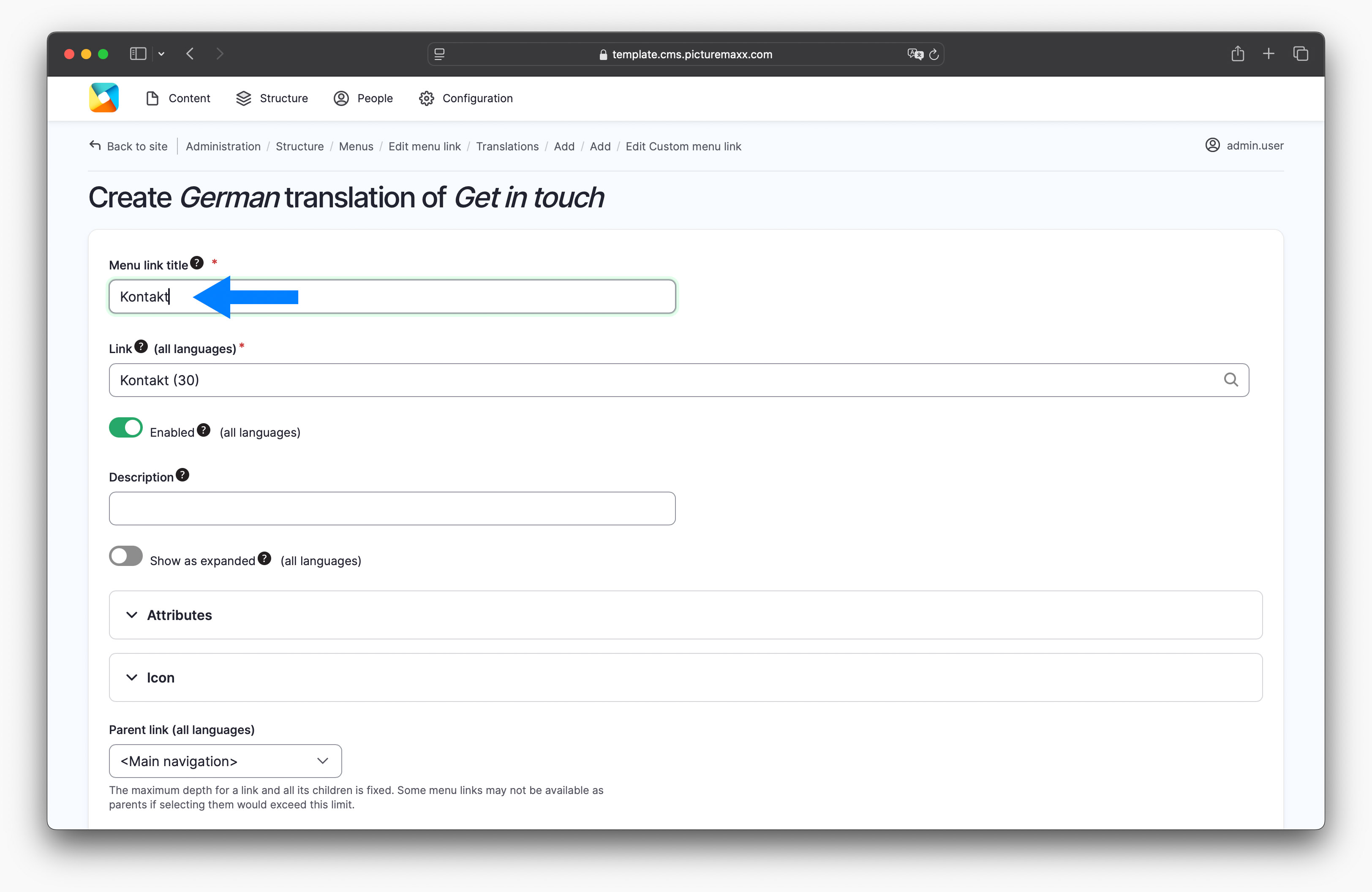 Screenshot of the setup page of translating menu links