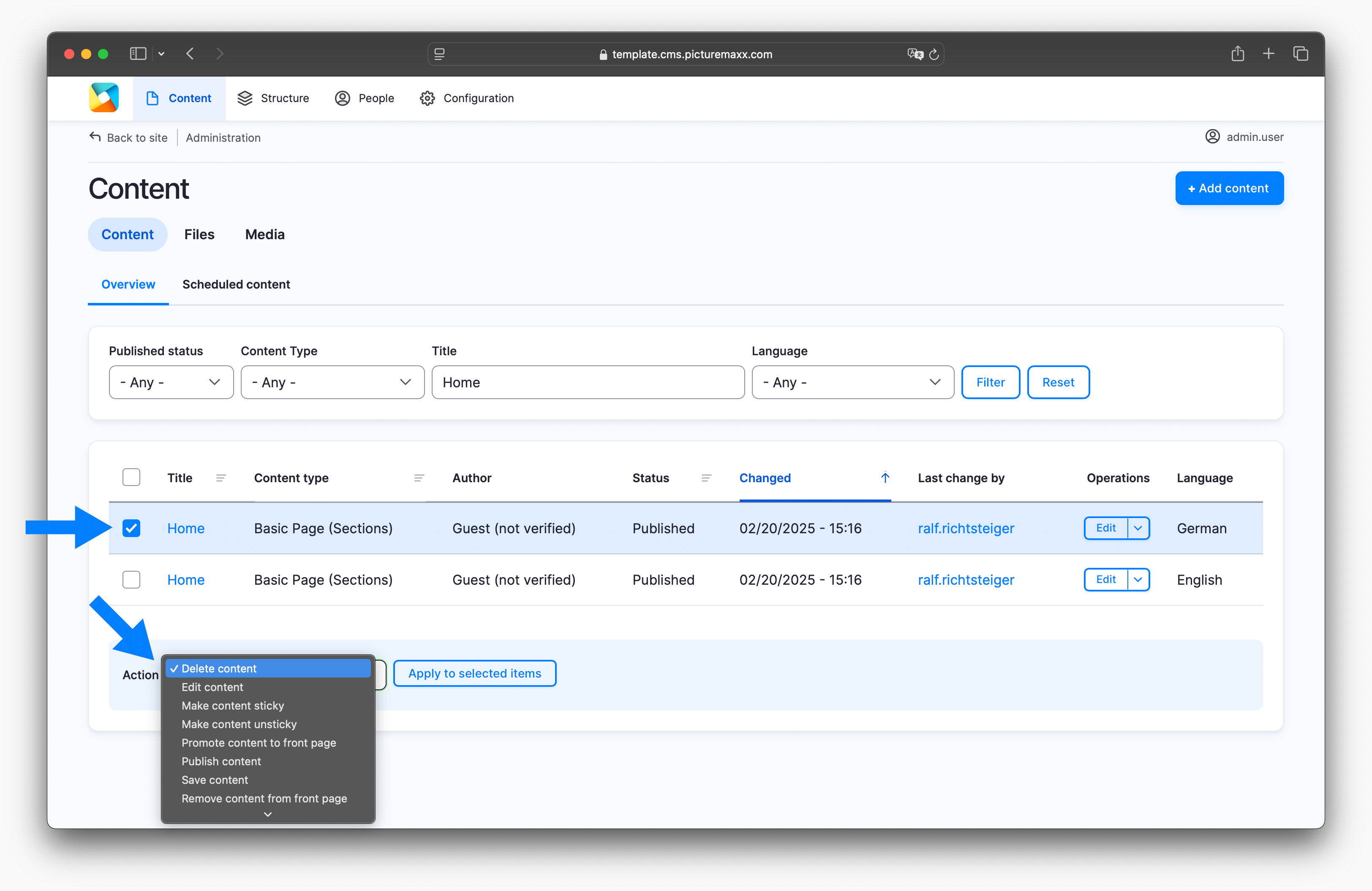 Setup page of the content area, highlighting how to delete translated pages