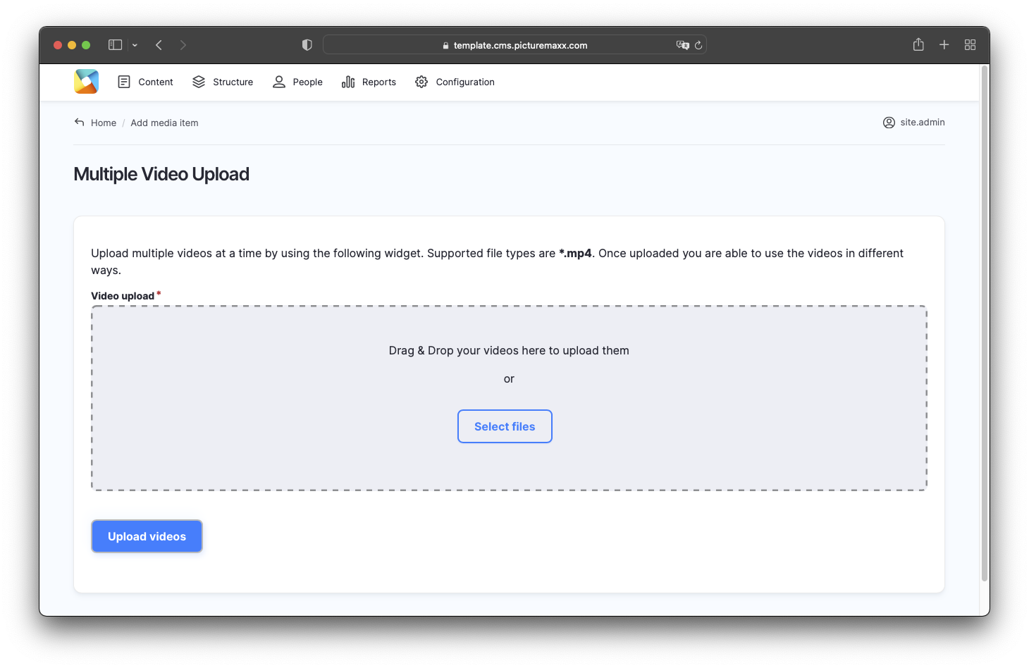 Screenshot of the 'upload videos' area. 