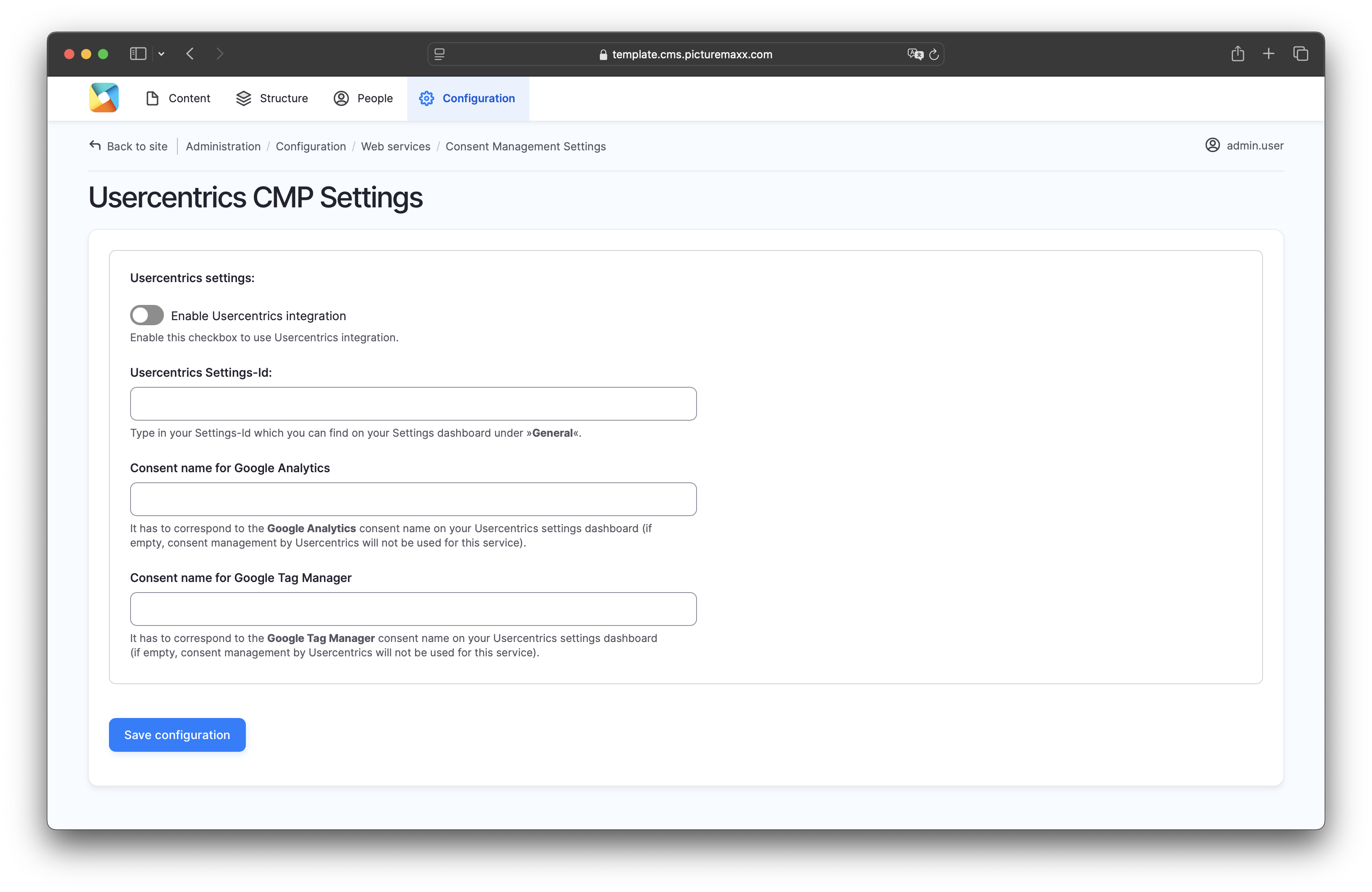 Screenshot of the setup page of Usercentrics