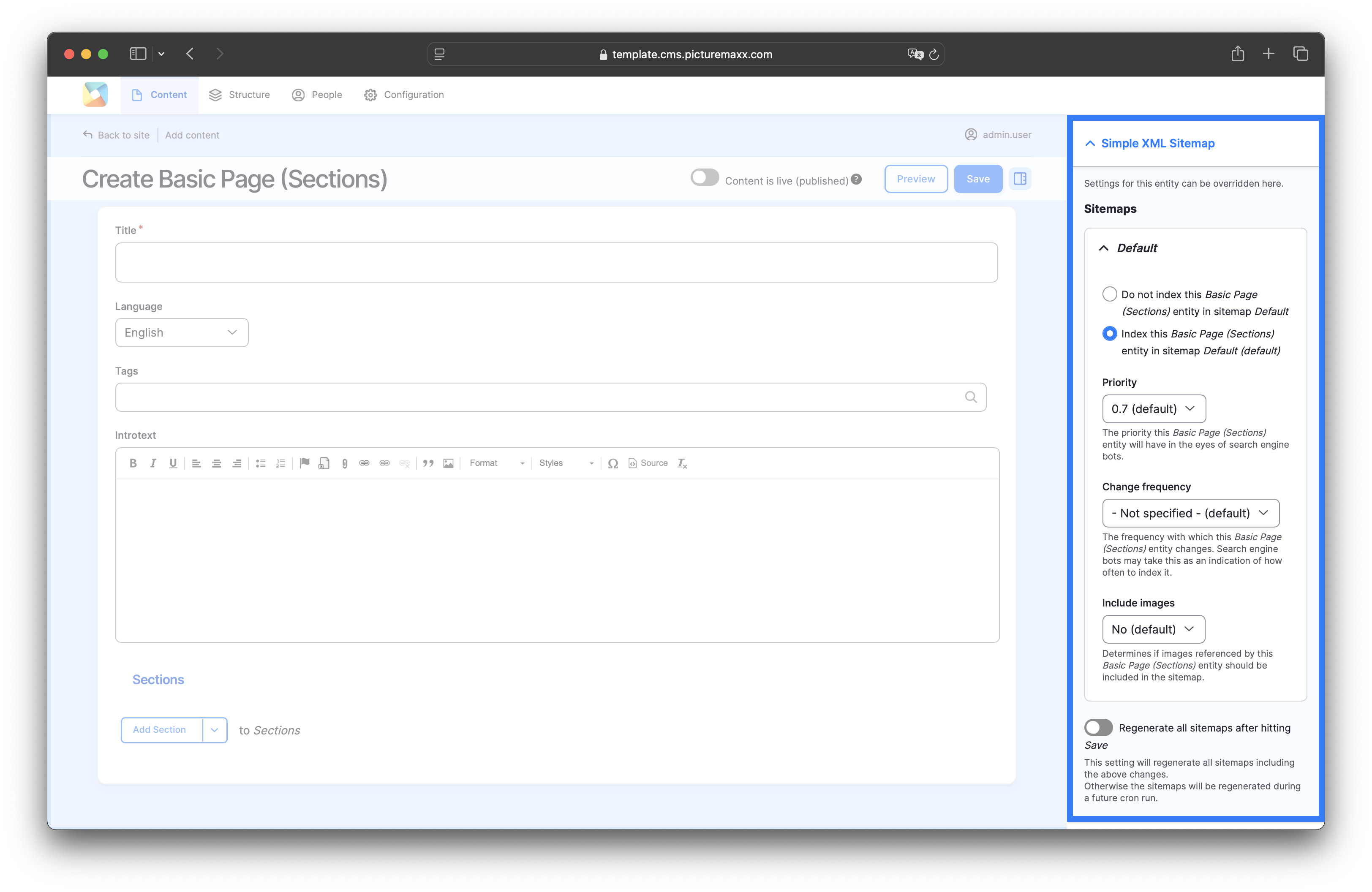 Screenshot of the setup page of a section, highlighting the XML Sitemap area.