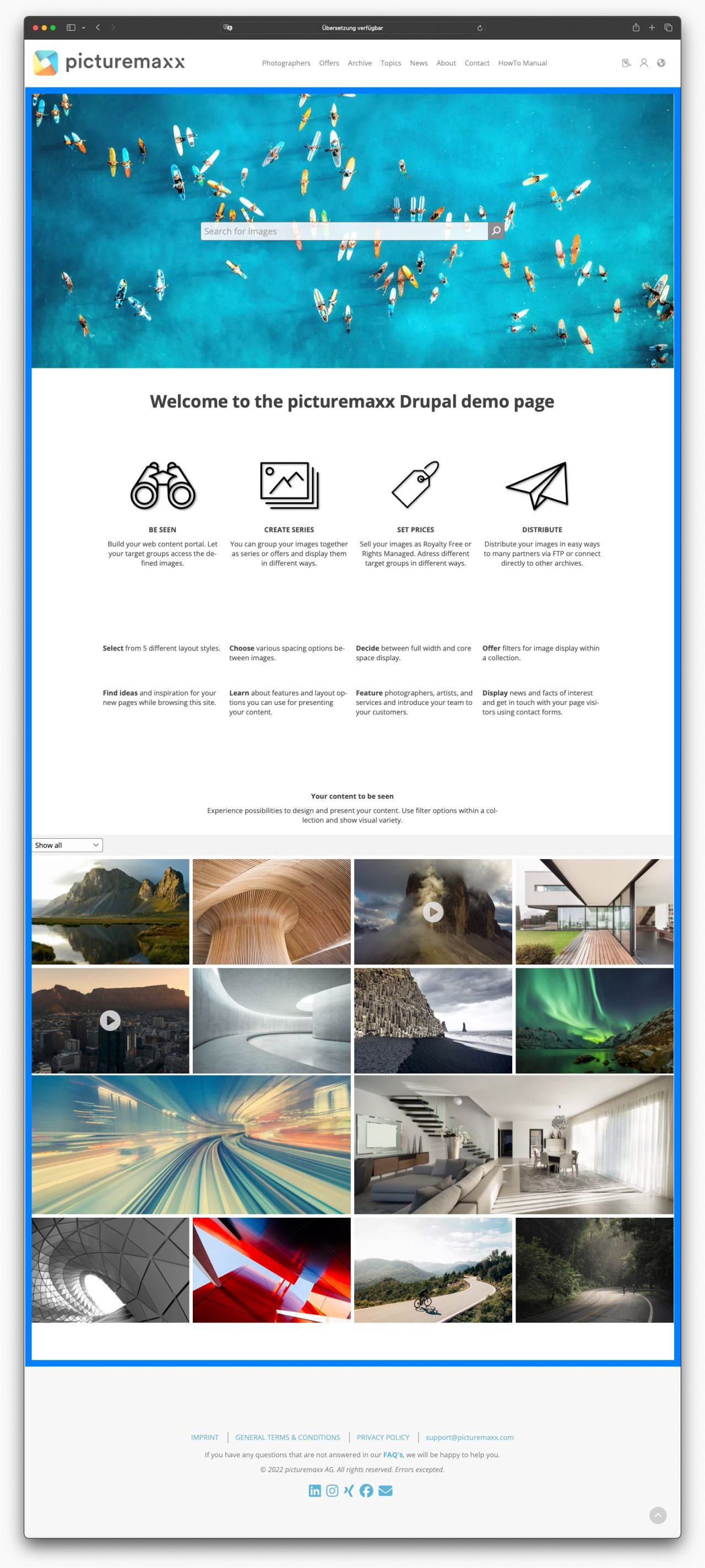 Screenshot of the picturemaxx Drupal demo page, highlighting the Content area.