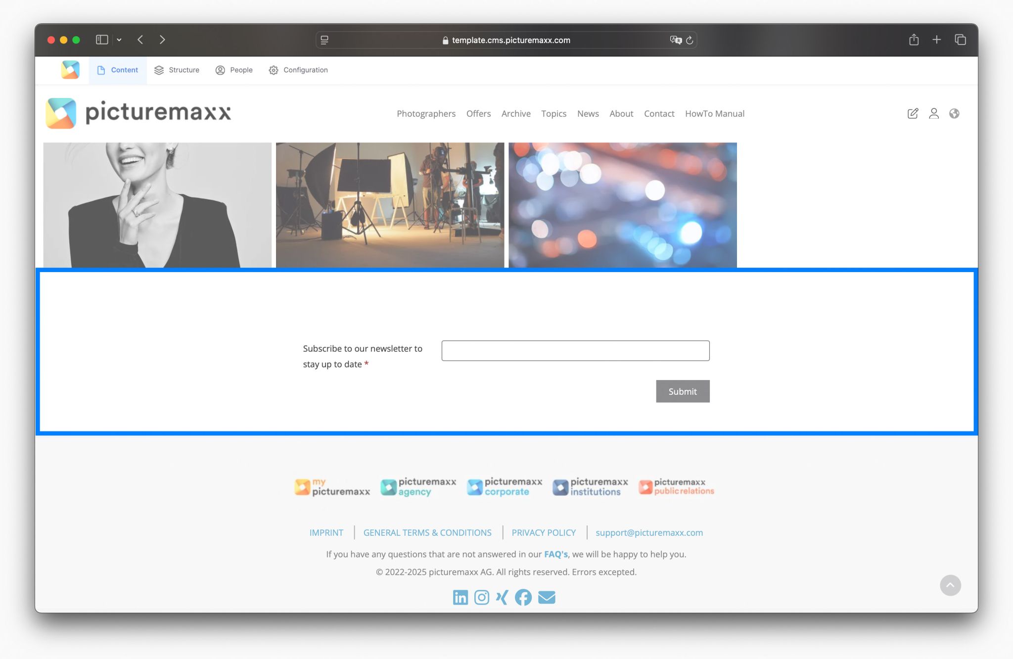 Screenshot of the picturemaxx Drupal demo page, highlighting the Content Suffix area.