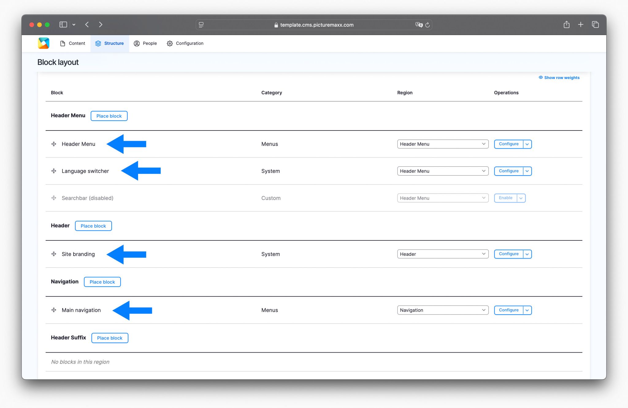 Screenshot of the Block layout page, highlighting some default blocks