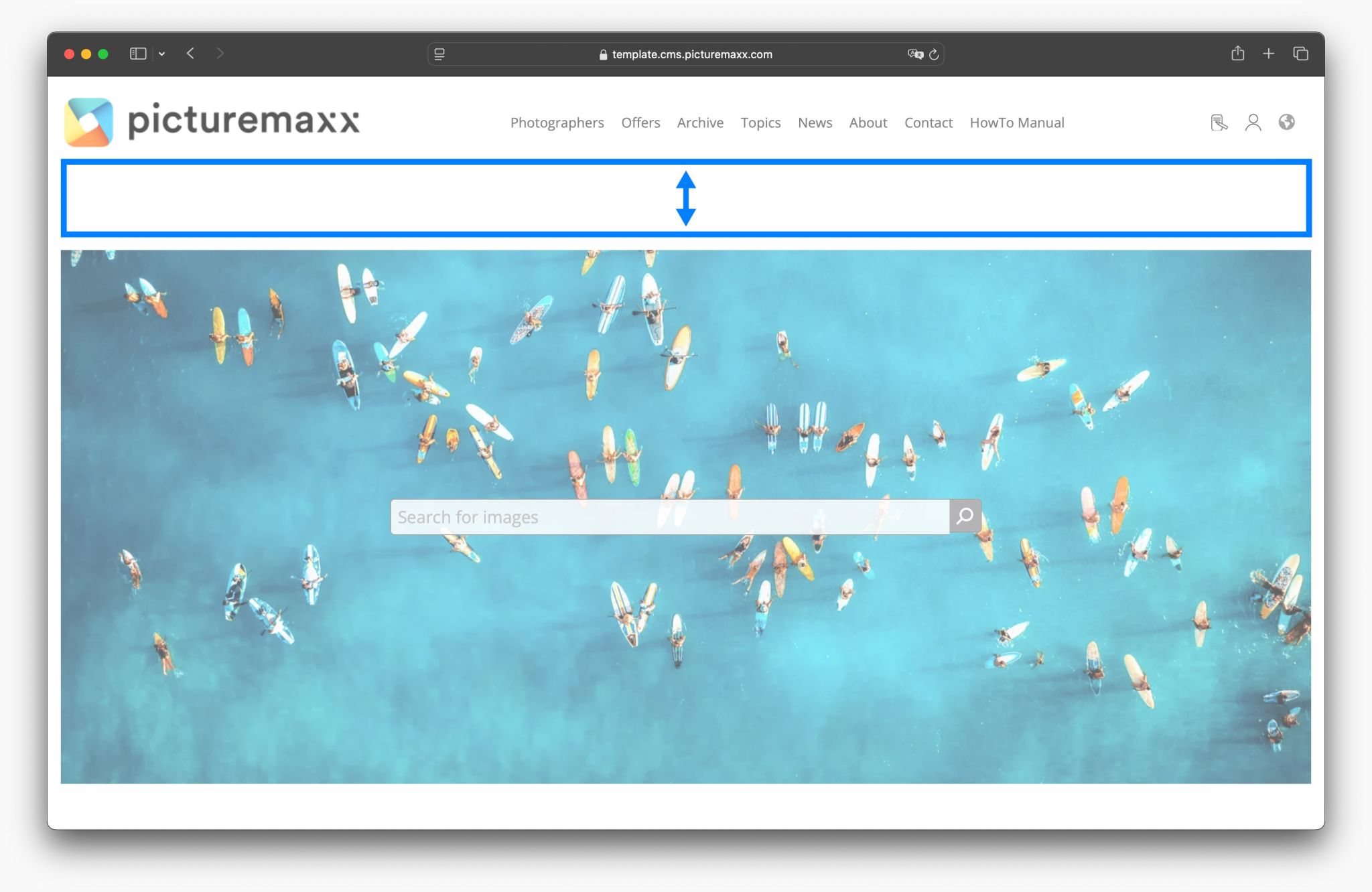 Screenshot of the picturemaxx Drupal demo page, highlighting the Header Suffix area.