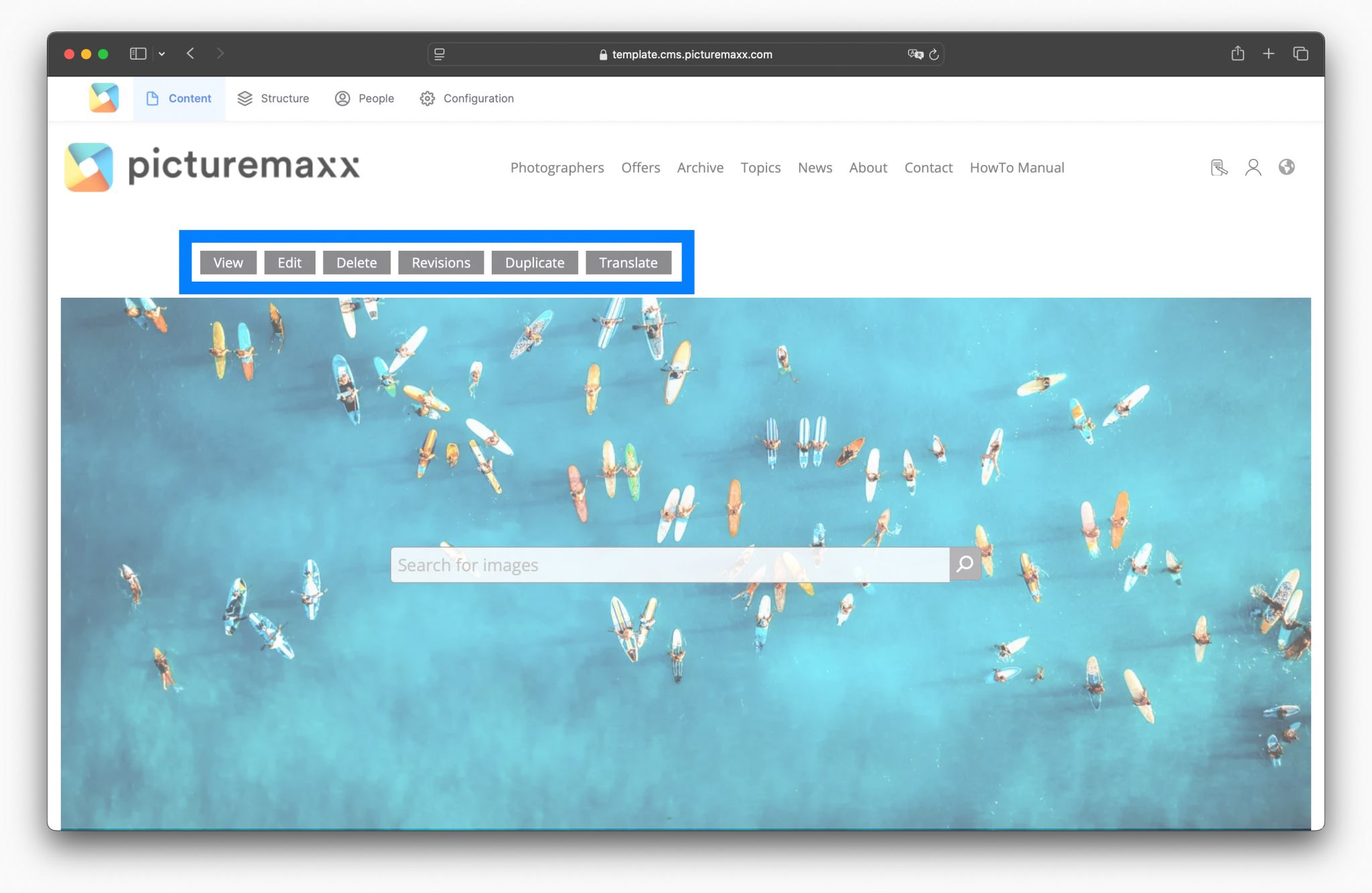 Screenshot of the picturemaxx Drupal demo page, highlighting the Navigation area.