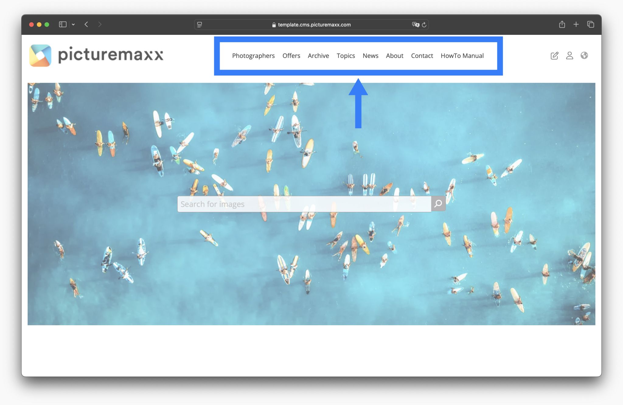 Screenshot of the picturemaxx Drupal demo page, highlighting the Navigation area.