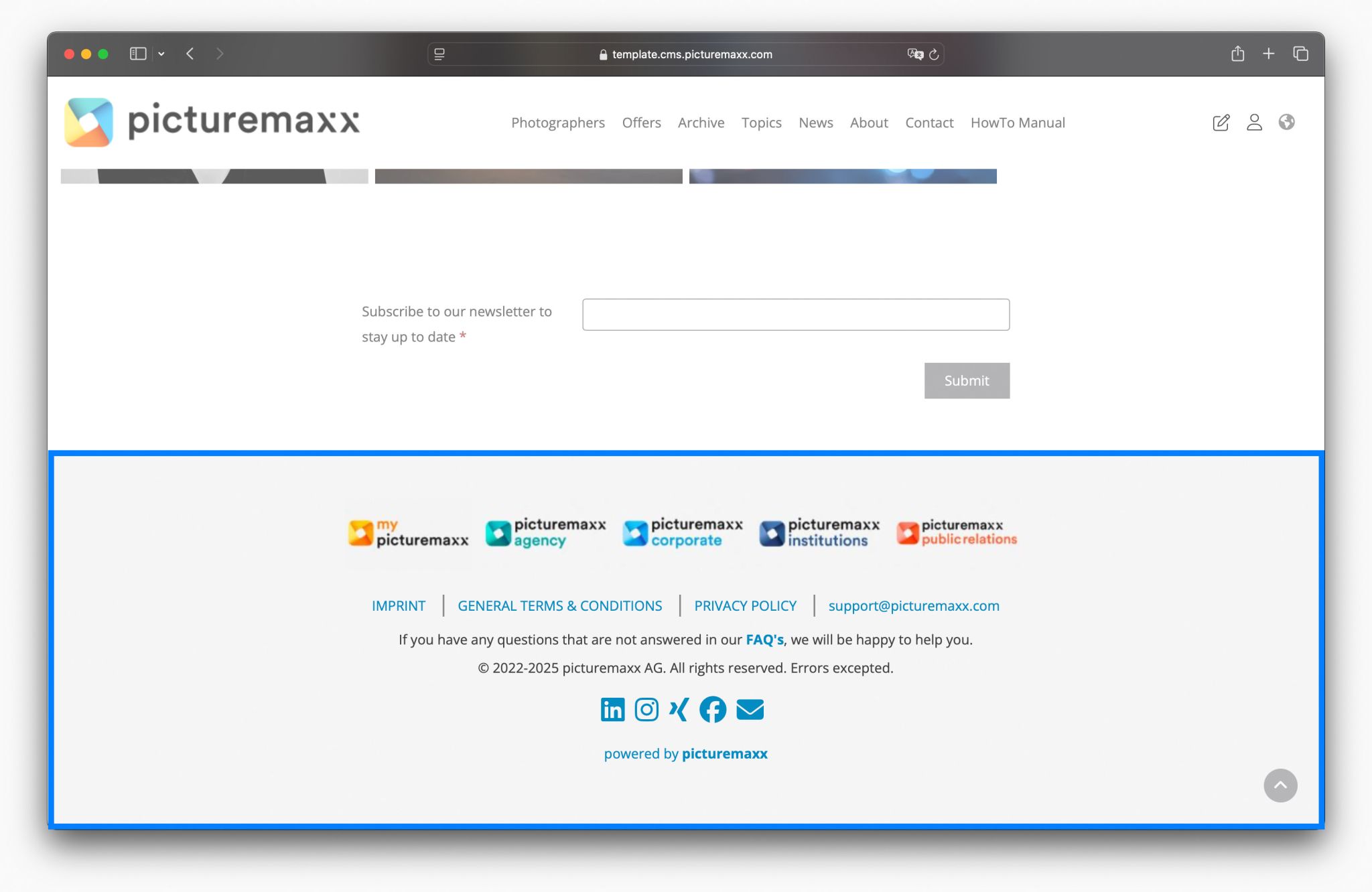 Screenshot of the picturemaxx Drupal demo page, highlighting the Footer area.