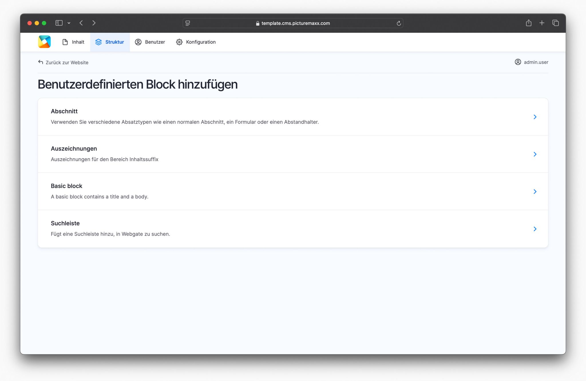 Bildschirmfoto der Seite Benutzerdefinierten Block hinzufügen