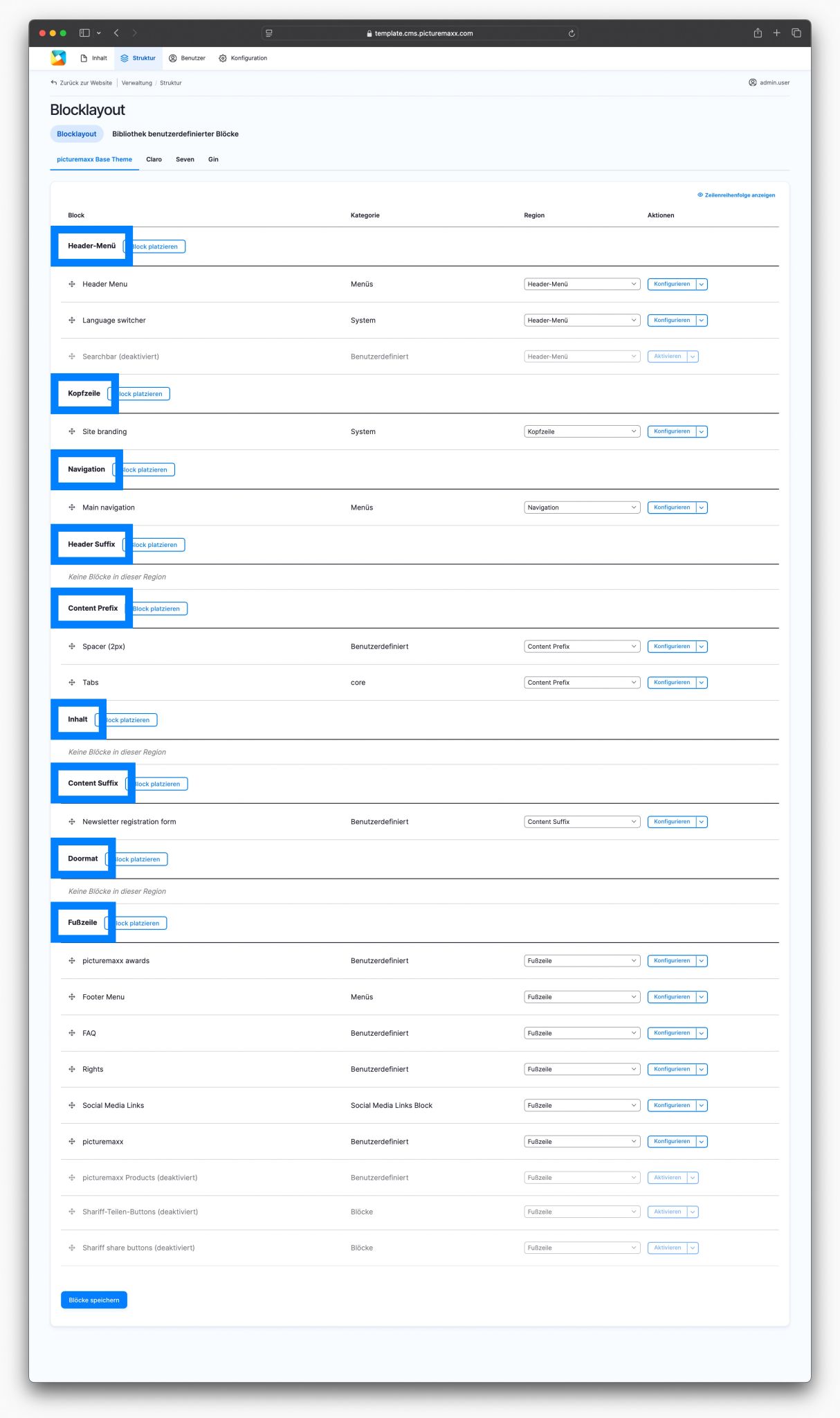 Bildschirmfoto des Blocklayouts der picturemaxx Drupal Demo Website
