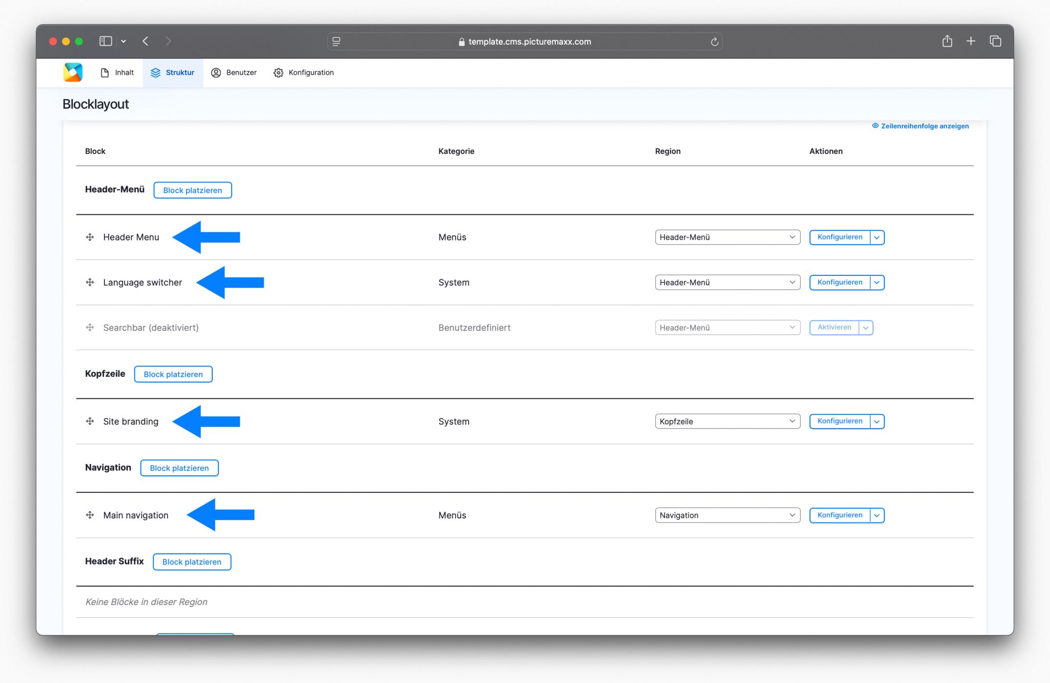 Bildschirmfoto der Seite 'Blocklayout'.