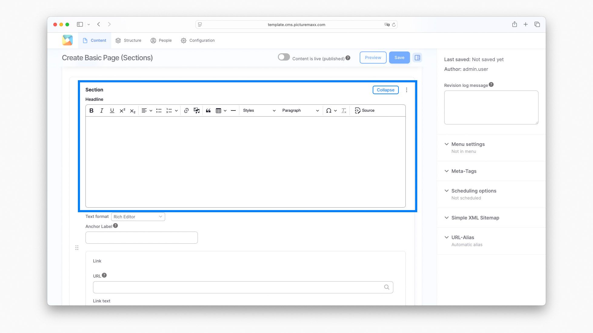 Screenshot of the text editor in picturemaxx Drupal