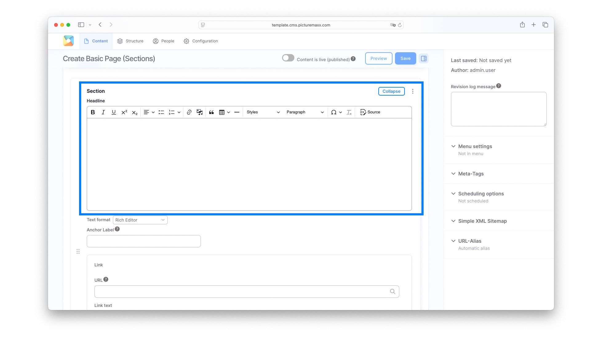 Screenshot of the text editor in picturemaxx Drupal