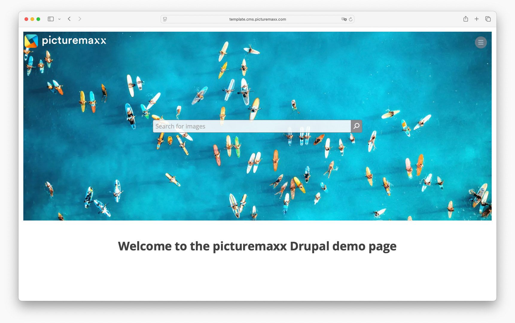 Screenshot of the picturemaxx Drupal demo page, using the Logo &amp; Burger Menu for the header.