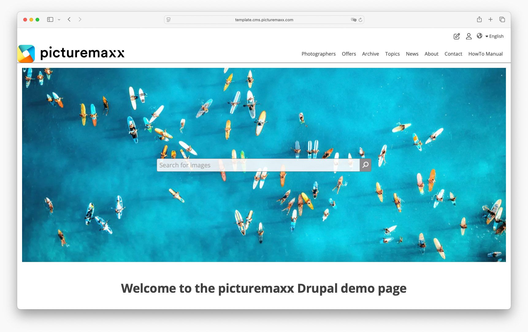 Screenshot of the picturemaxx Drupal demo page, using the Mini Header.