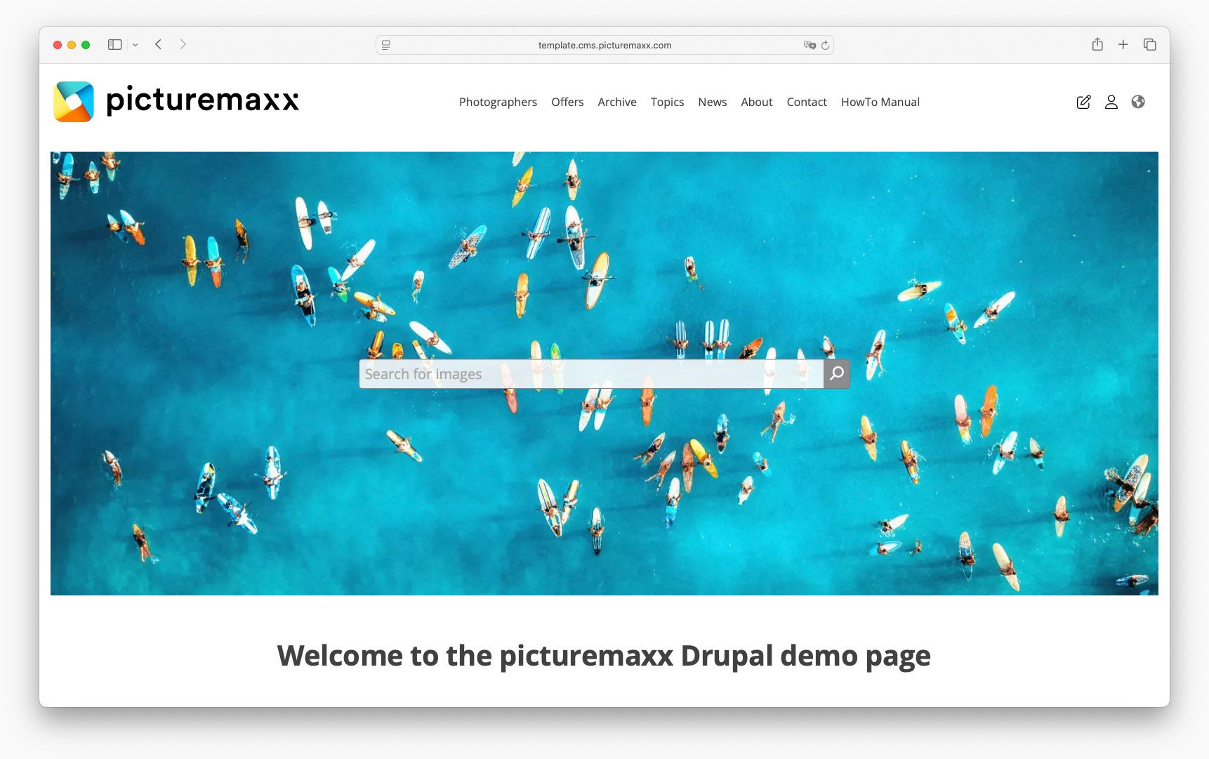 Screenshot of the picturemaxx Drupal demo page, using the One Row Header.