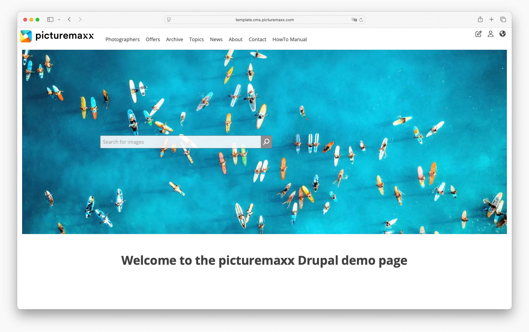 Screenshot of the picturemaxx Drupal demo page, using the Small Header.