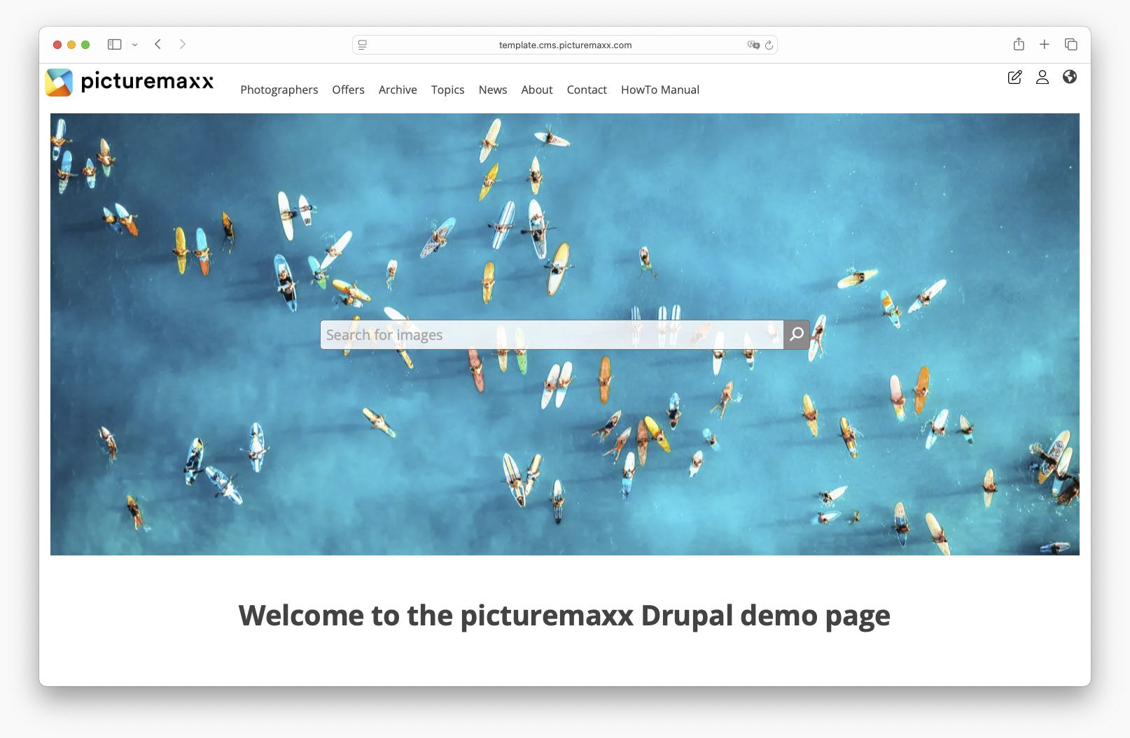 Screenshot of the picturemaxx Drupal demo page, using the Small Header.