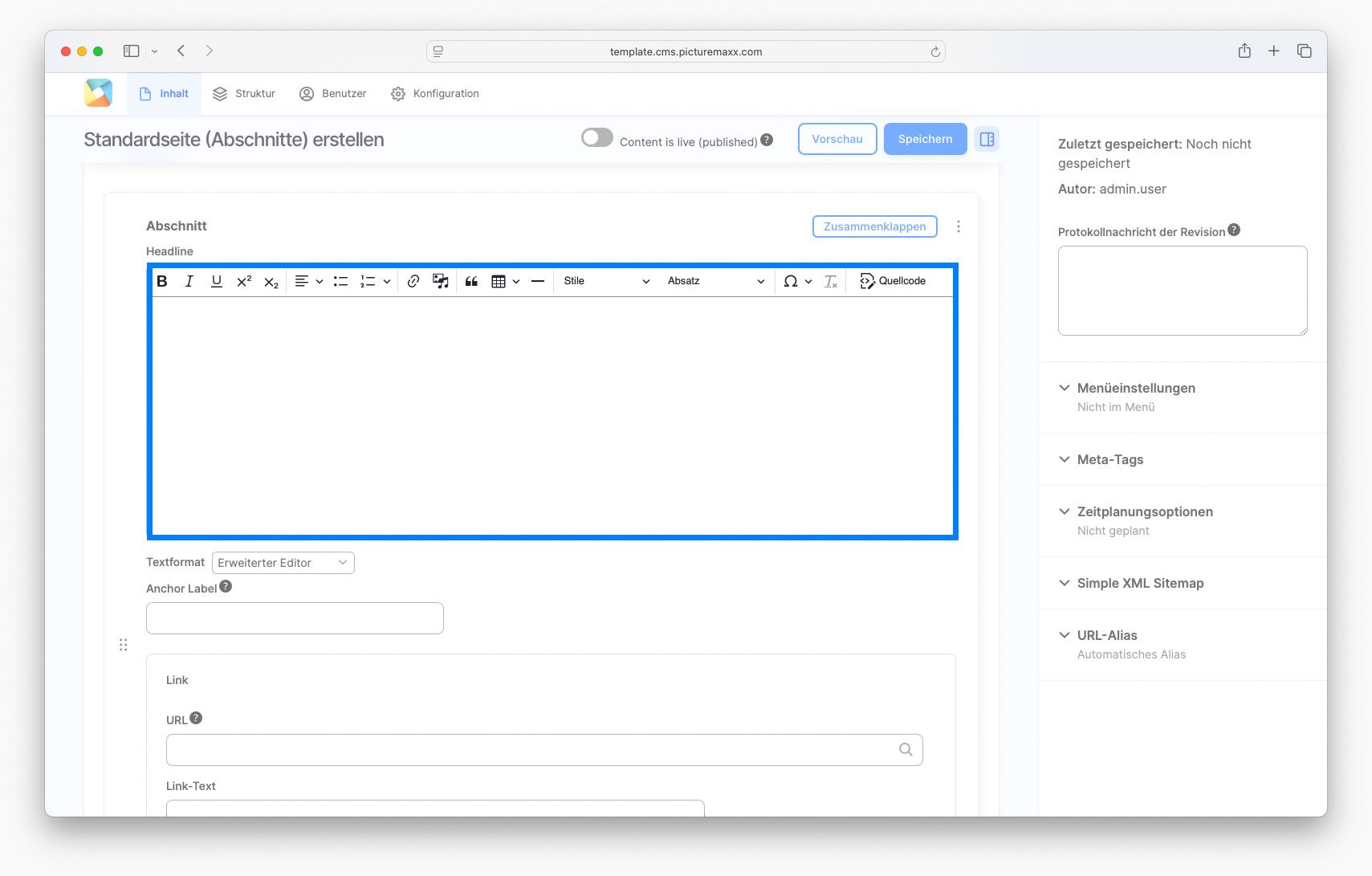Bildschirmfoto des Texteditors in picturemaxx Drupal