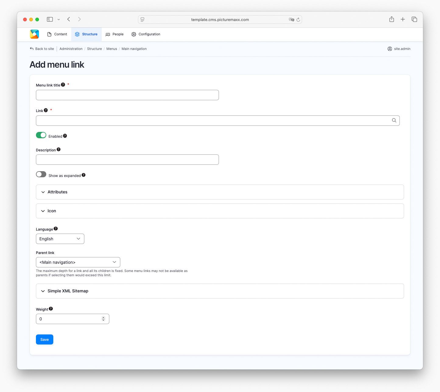 Screenshot of the picturemaxx Drupal demo page, showing how to add a page to the main navigation.