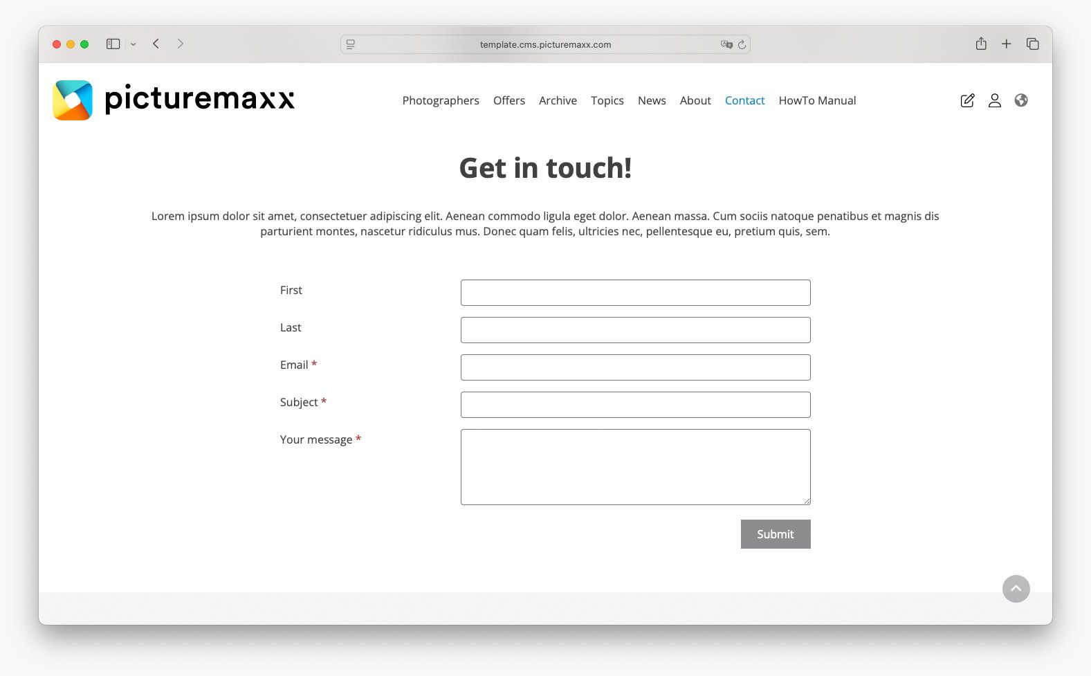 Screenshot of the picturemaxx Drupal demo page, showing the contact form.