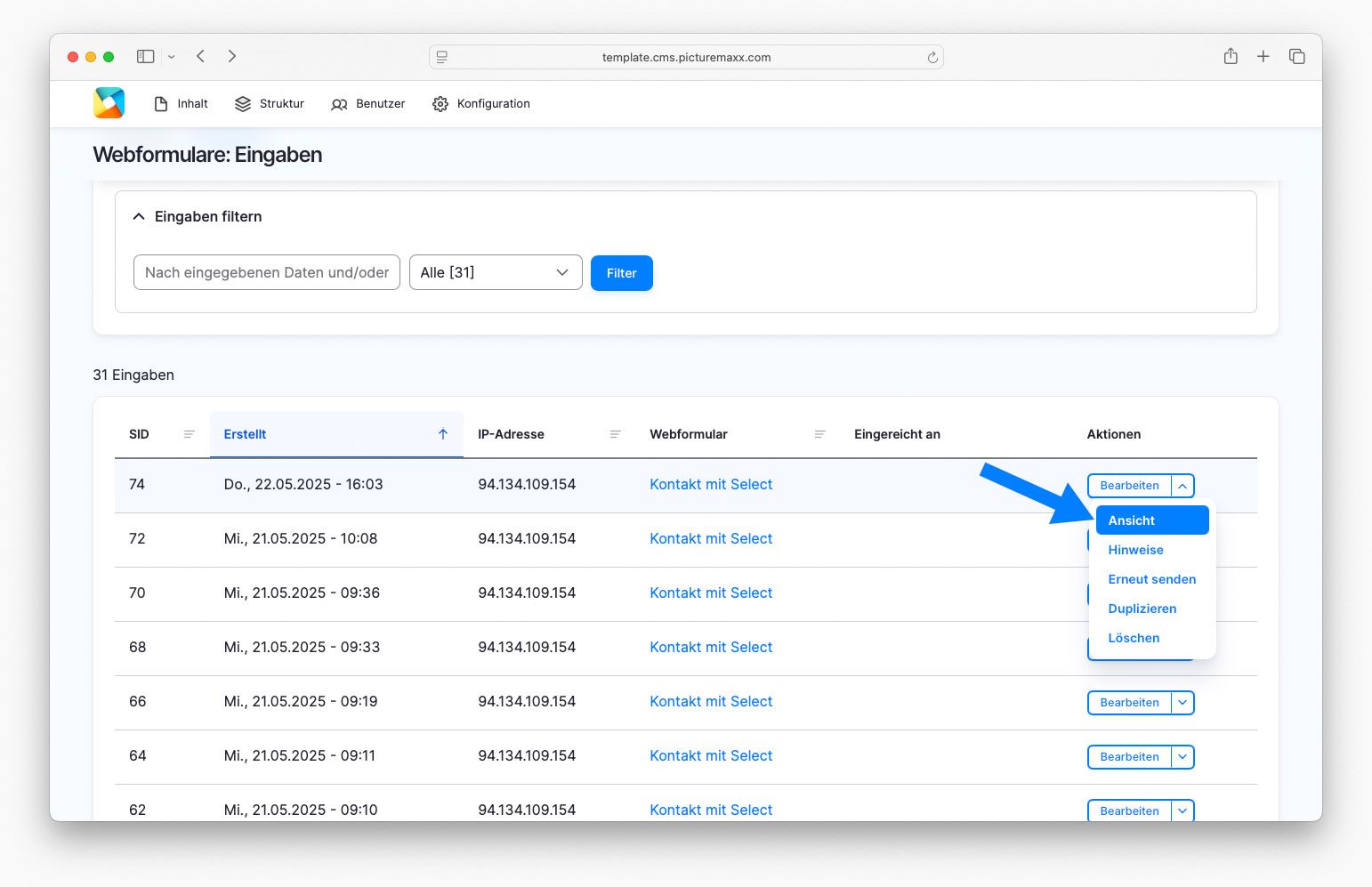 Bildschirmfoto der picturemaxx Drupal demo Seite.