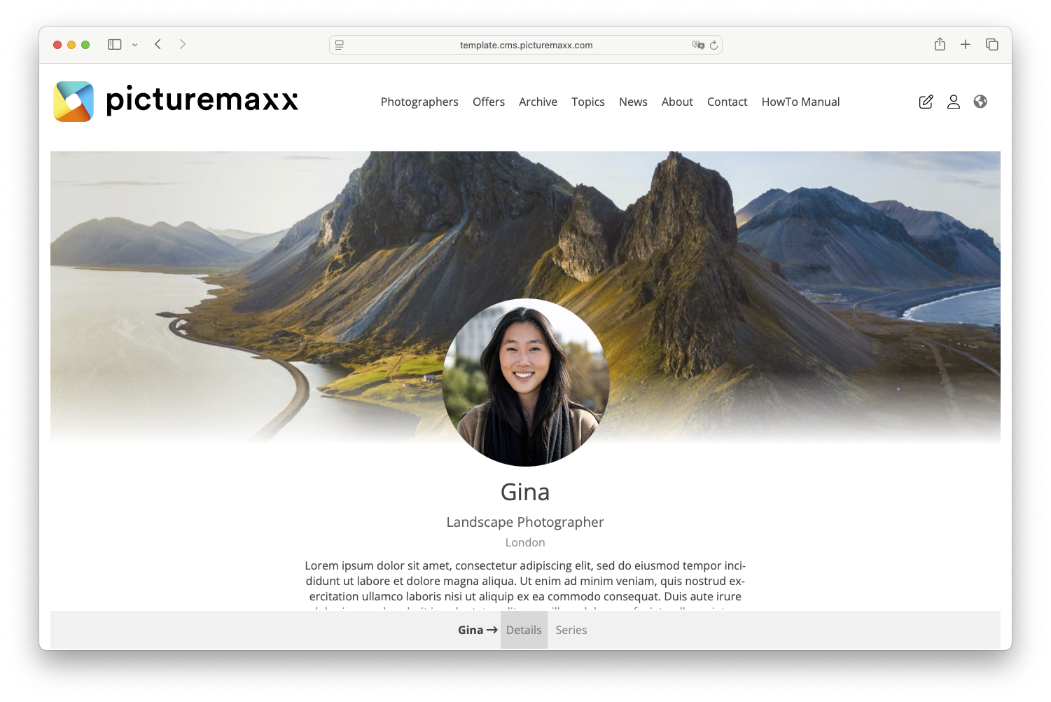 Screenshot of the picturemaxx Drupal demo page, showing a artist page.